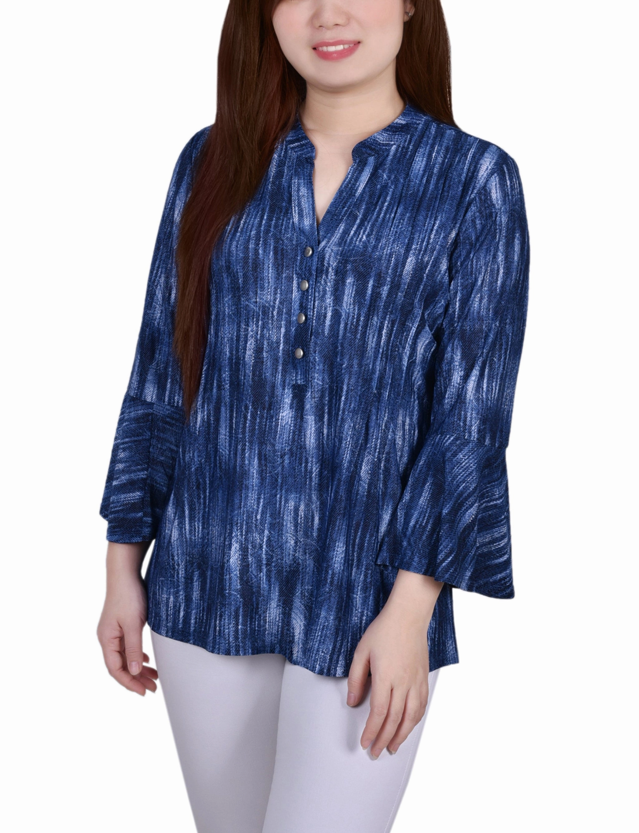 Cool and Breezy 3/4 Bell Sleeve Pleat Front Y Neck Top
