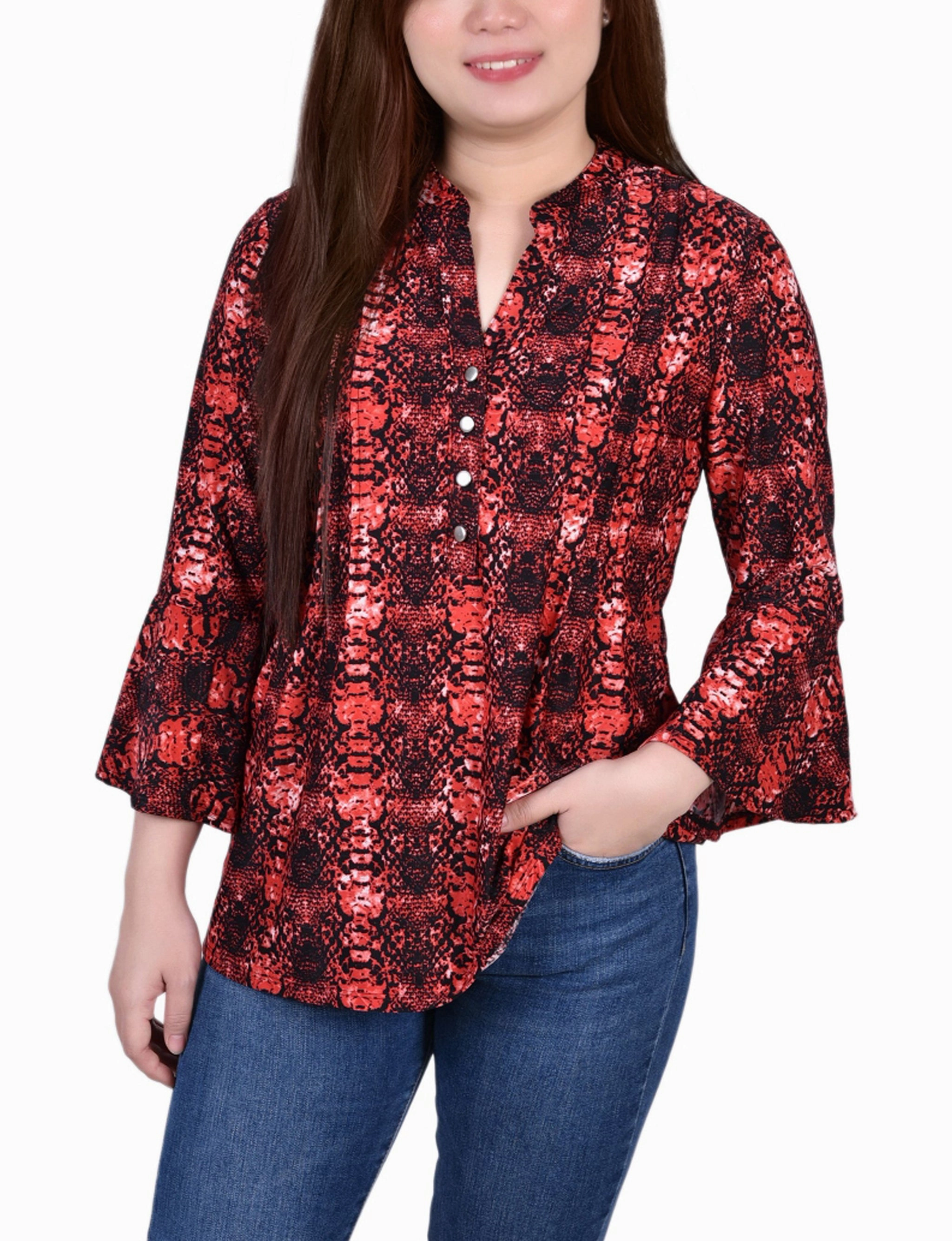 Reinforced Hem Stitching 3/4 Bell Sleeve Pleat Front Y Neck Top