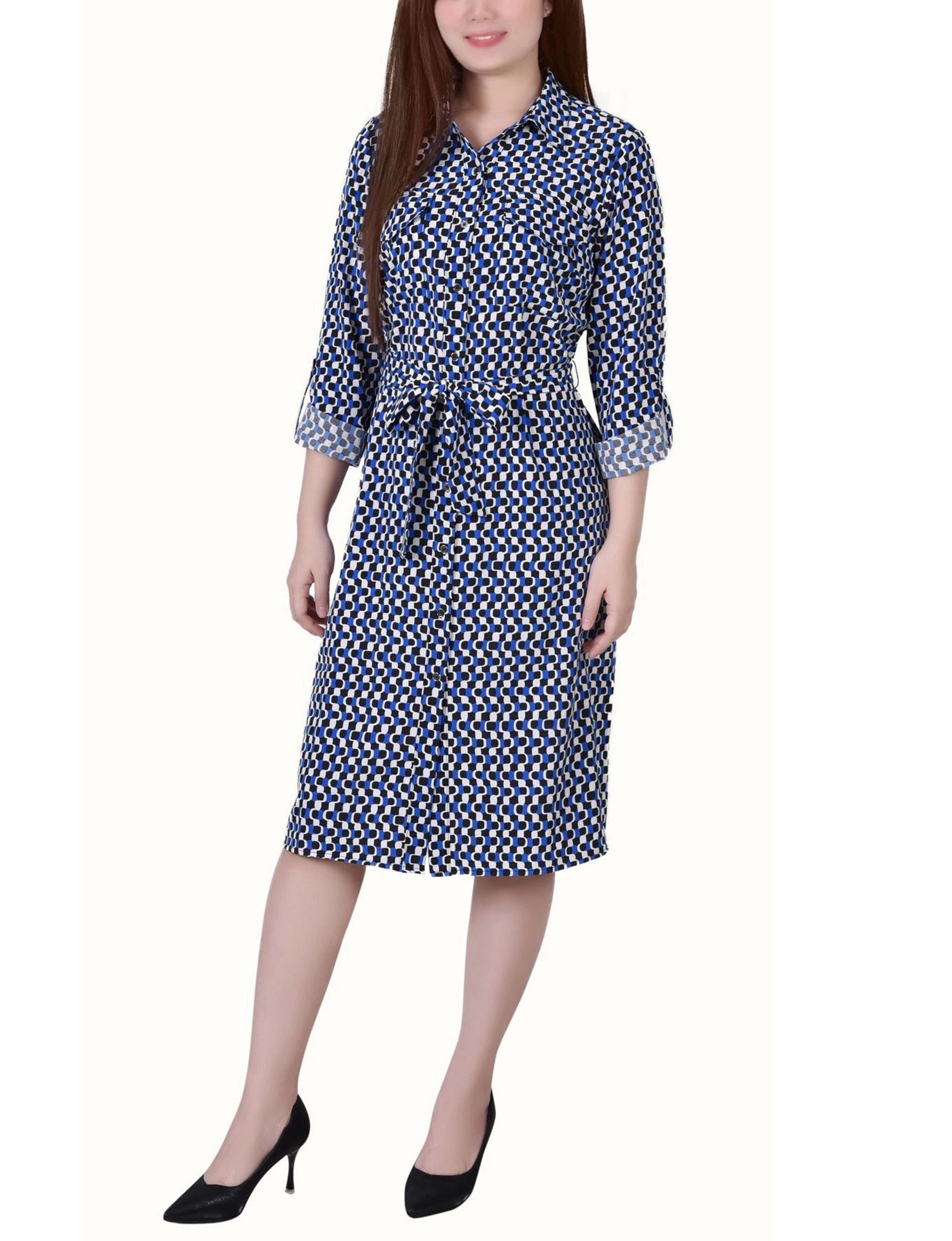 Simple Chic 3/4 Belted Rolled Tab Sleeve Shirtdress With Patch Pockets