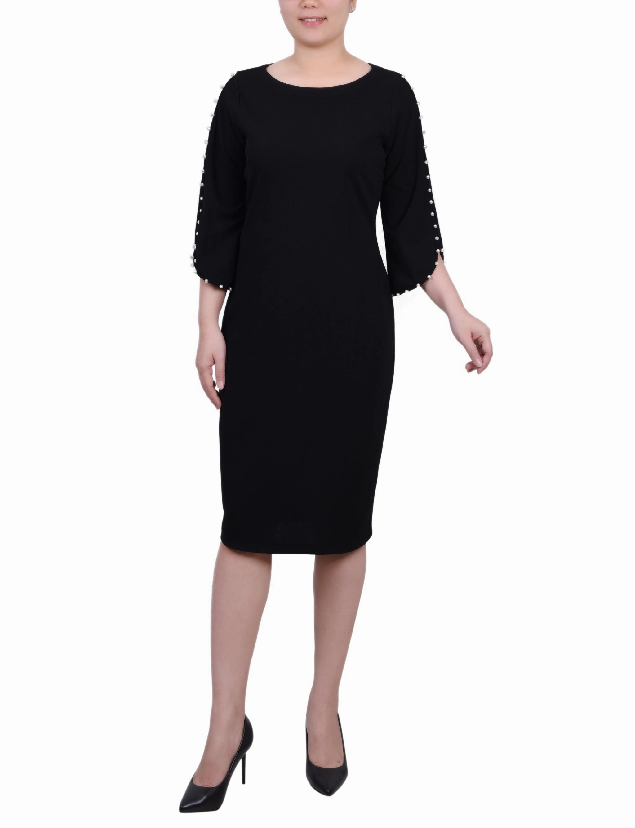 Vibrant Hue Perfect For Any Occasion 3/4 Pearl-Detail Petal Sleeve Dress