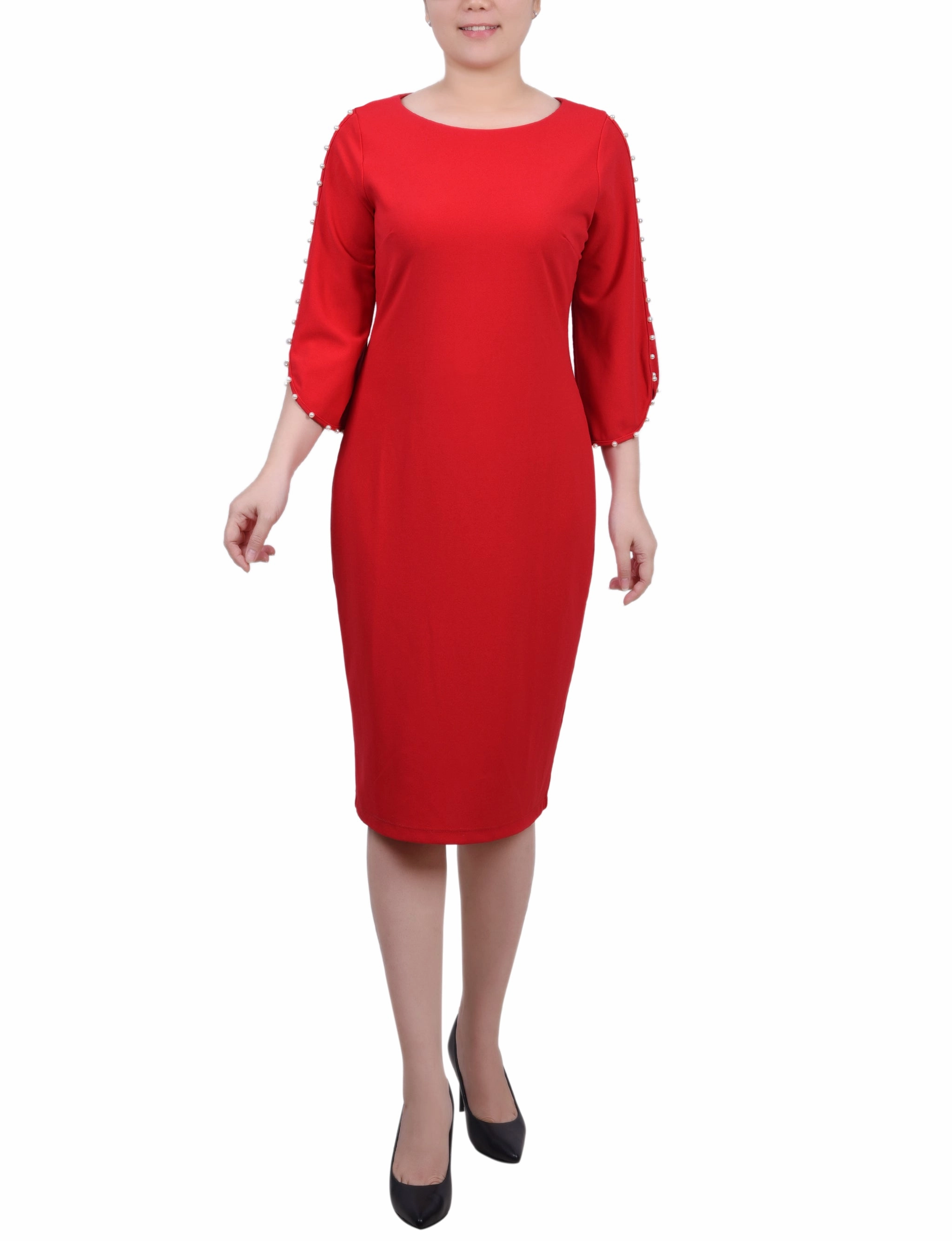 Low Maintenance Printed-Fabric 3/4 Pearl-Detail Petal Sleeve Dress