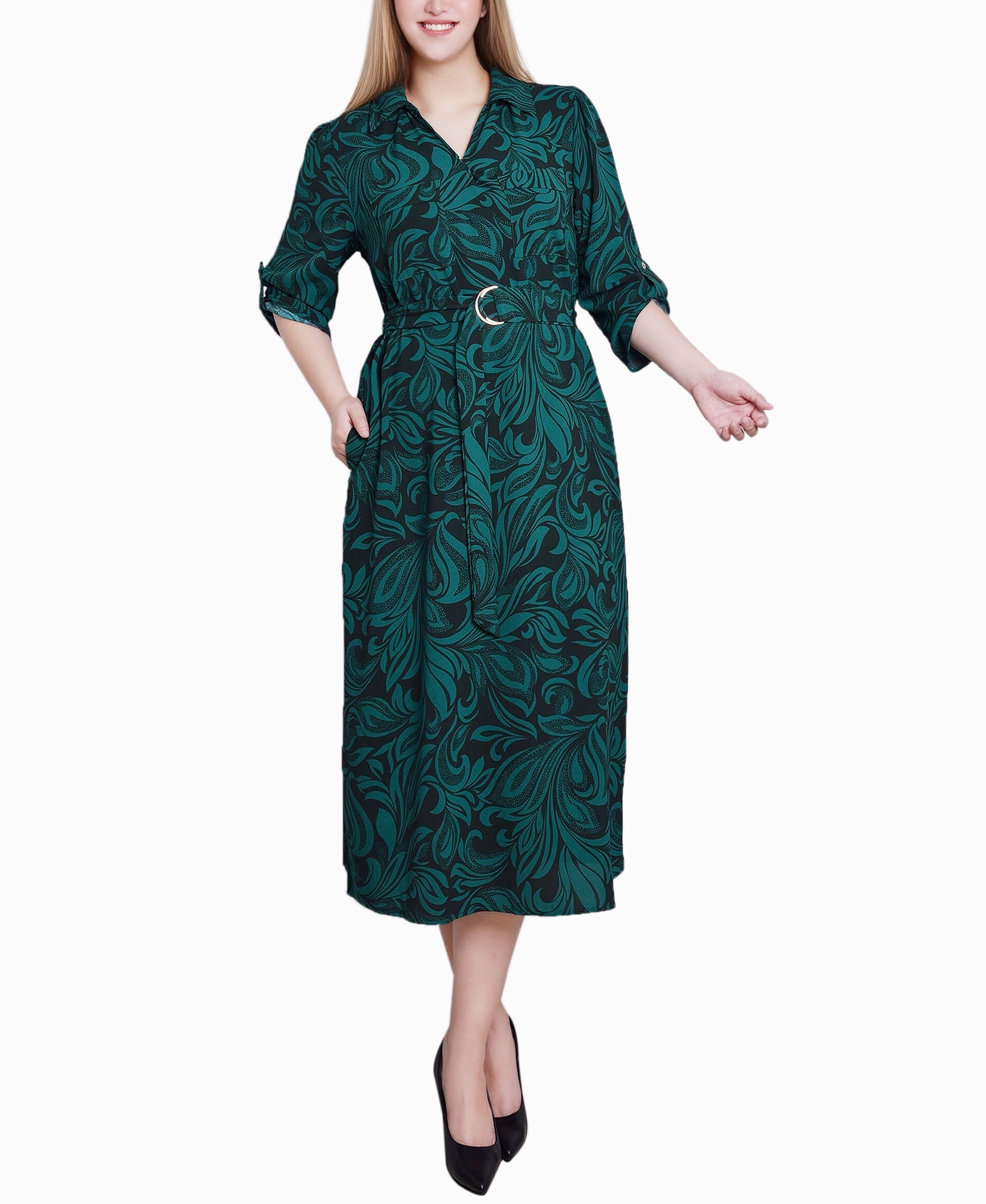 3/4 Roll Tab Belted Dress Cozy Touch