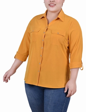 Stretchable Waistband Adjustable Fit System 3/4 Roll Tab Blouse With Pockets