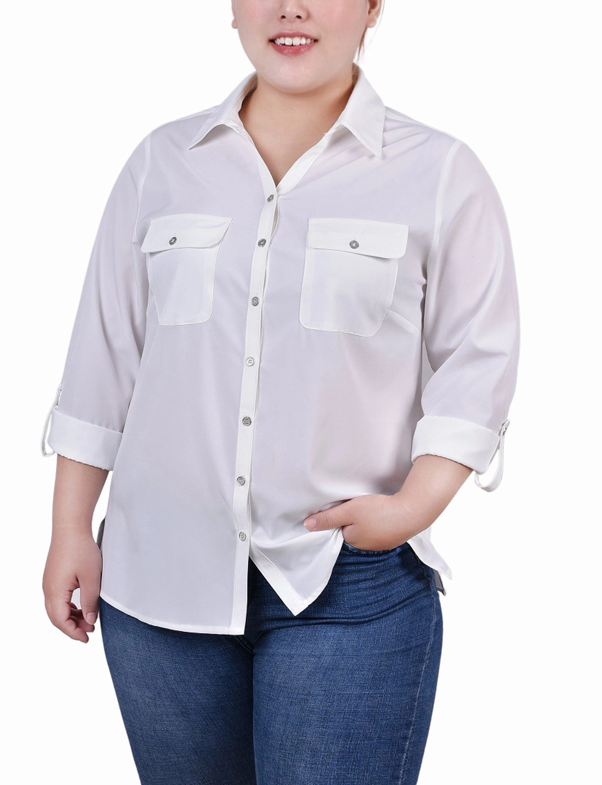 3/4 Roll Tab Blouse With Pockets MultipanelLayout Tencel Blend Fabric