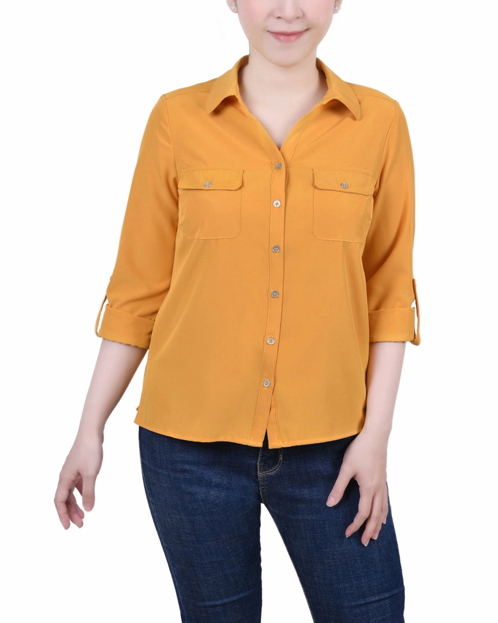 Durable Fiber Blend 3/4 Roll Tab Blouse With Pockets