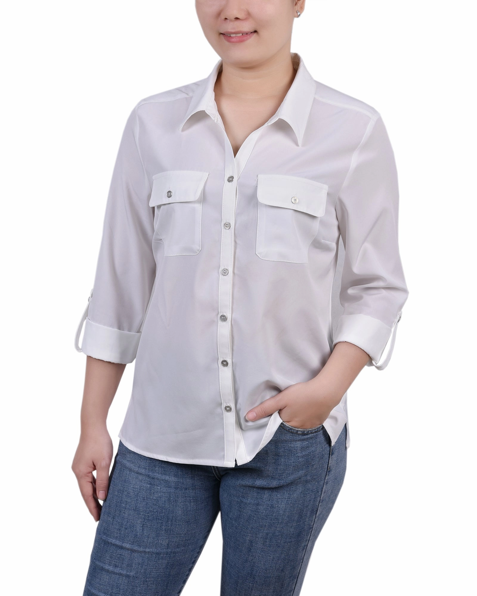 3/4 Roll Tab Blouse With Pockets ReinforcedShoulderConstruction Fitted Design