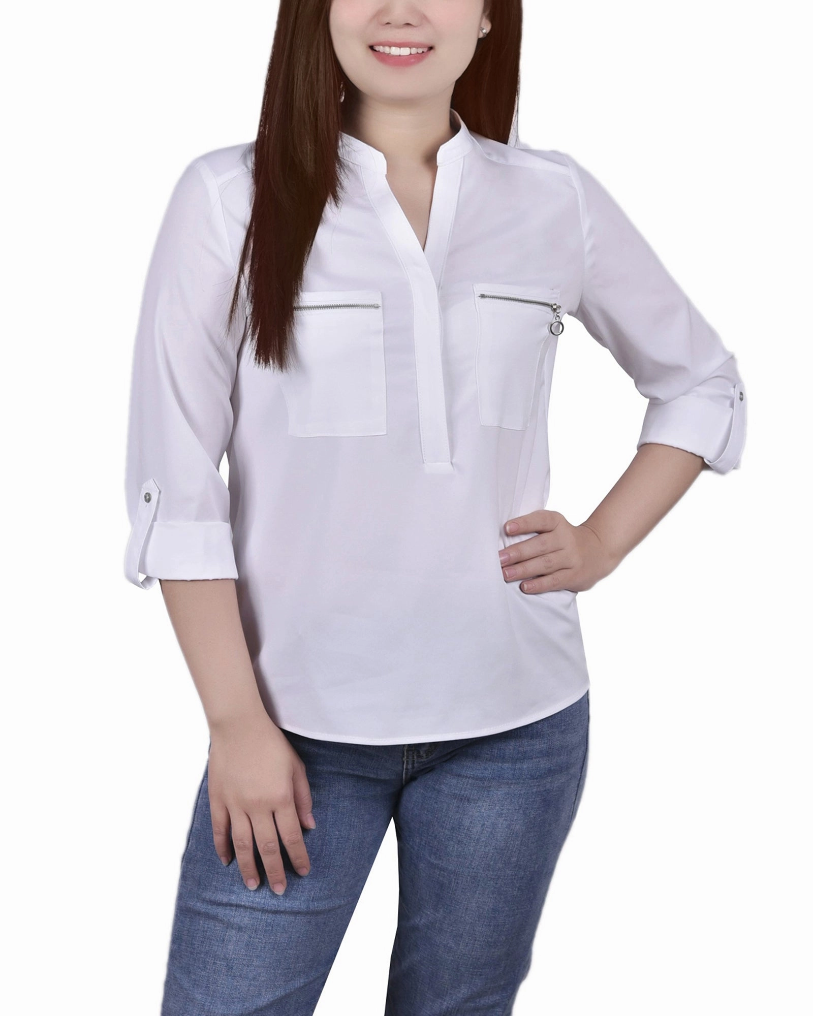 Ventilated Back Panels Soft Touch Texture 3/4 Roll Tab Hi Lo Y Neck Blouse