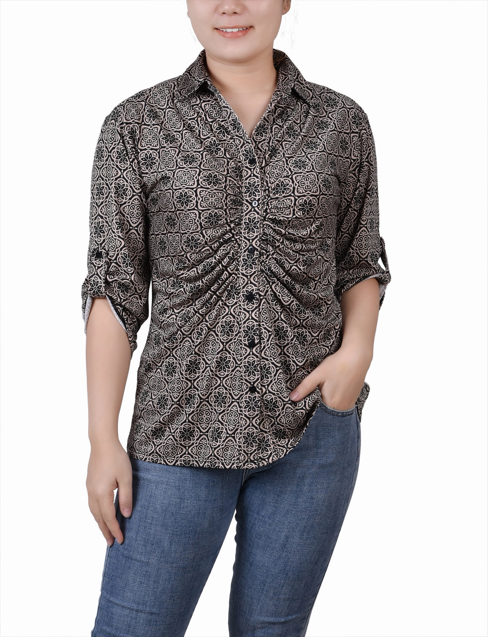 3/4 Roll Tab Rouched-Front Top Scoop Neck Shape