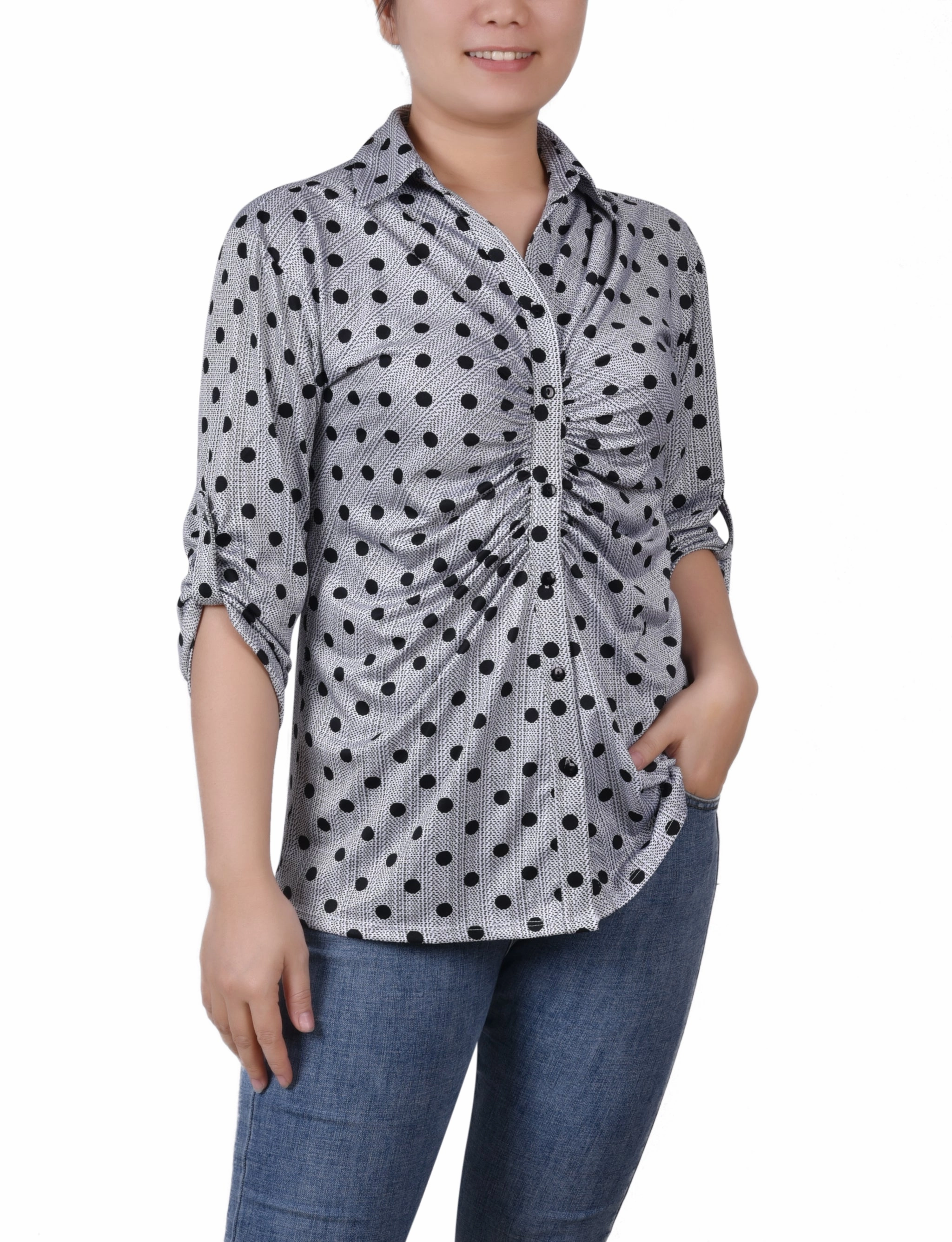 3/4 Roll Tab Rouched-Front Top Layered Collar Structure