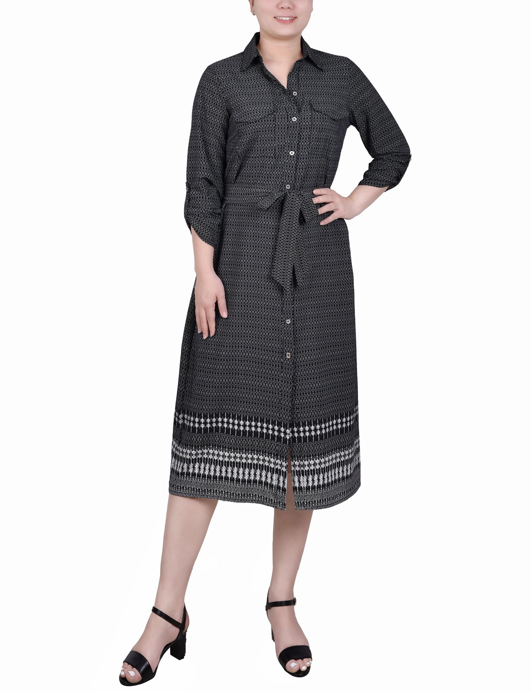 3/4 Roll Tab Sleeve Belted Shirtdress Flattering Design Gathered-Detail