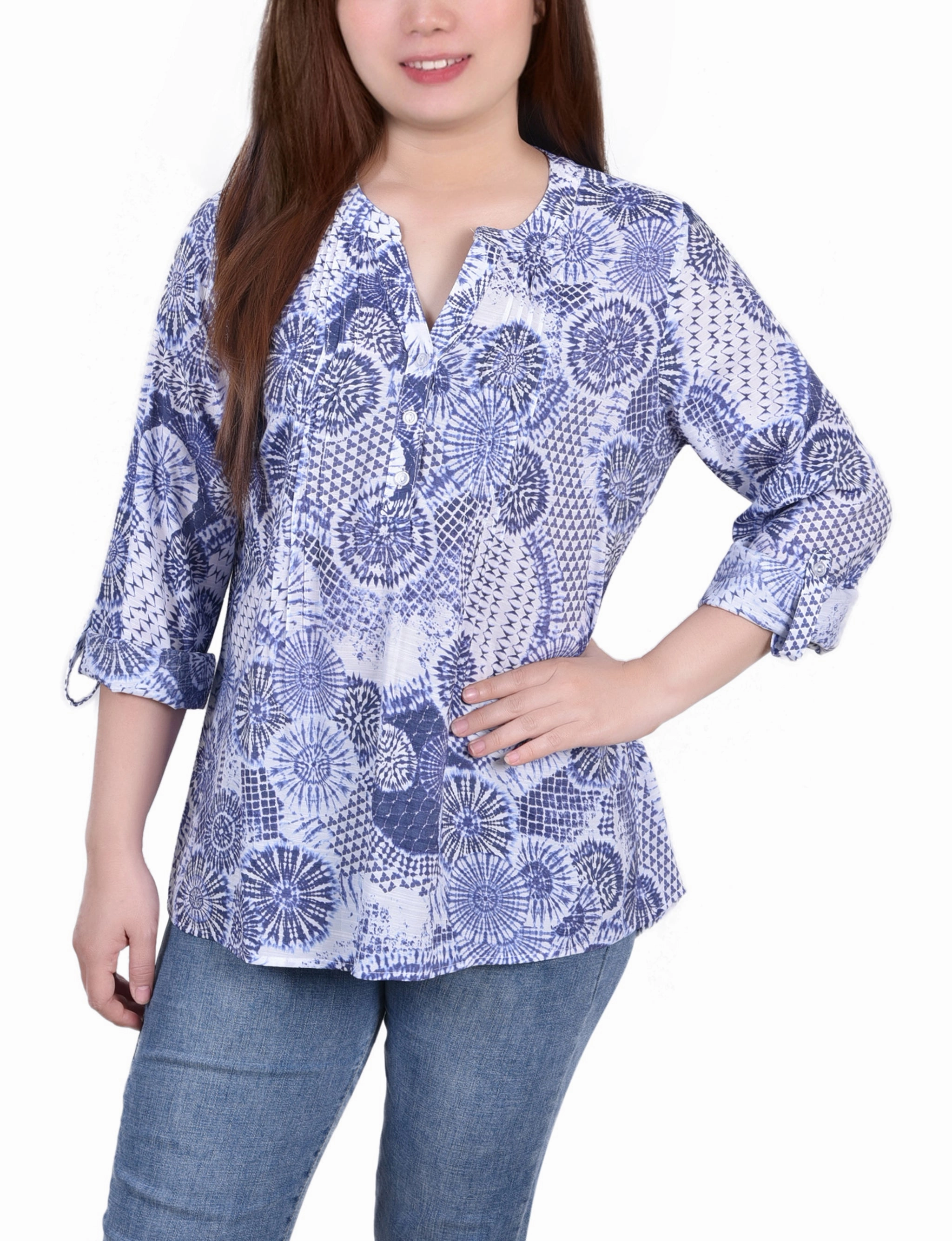 Stylish T-shirt Soft Cotton Blend 3/4 Roll Tab Sleeve Blouse