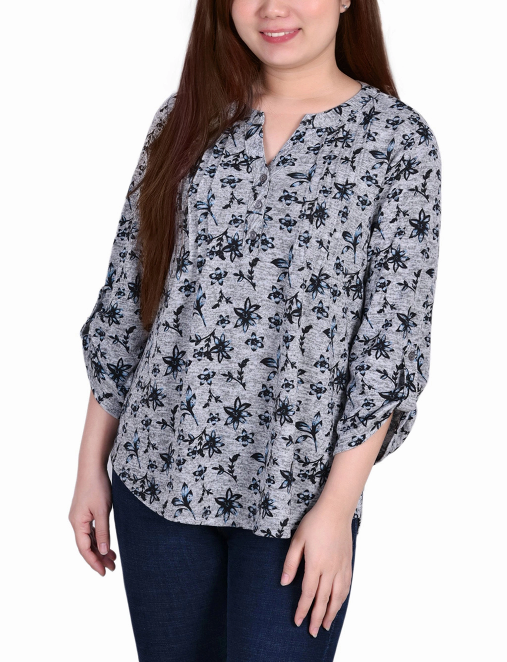 Drop Shoulder Silhouette 3/4 Roll Tab Sleeve Y Neck Top