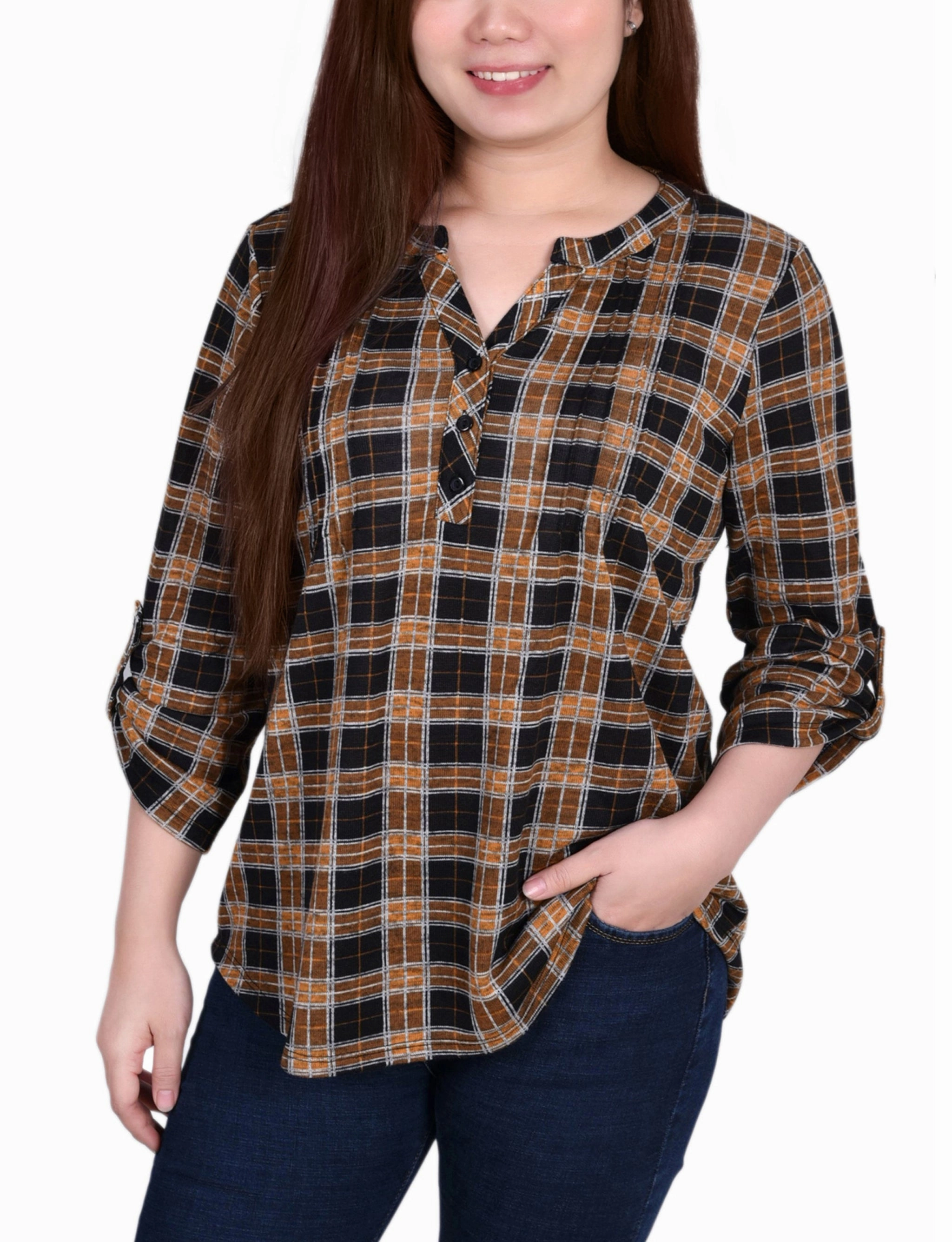 3/4 Roll Tab Sleeve Y Neck Top NonIrritating Stitching