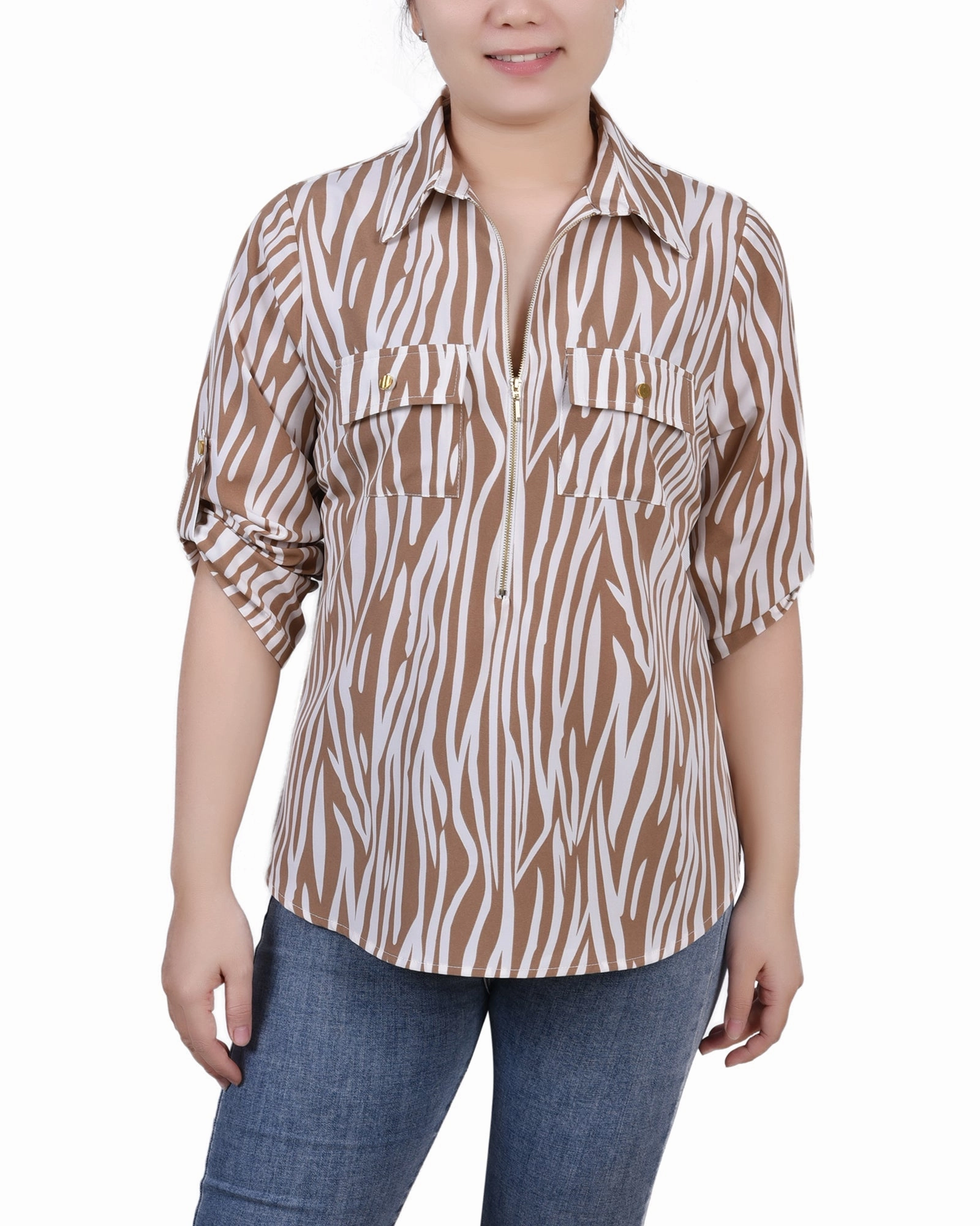 3/4 Roll Tab Sleeve Zip Front Top Hot Weather Basic Wardrobe