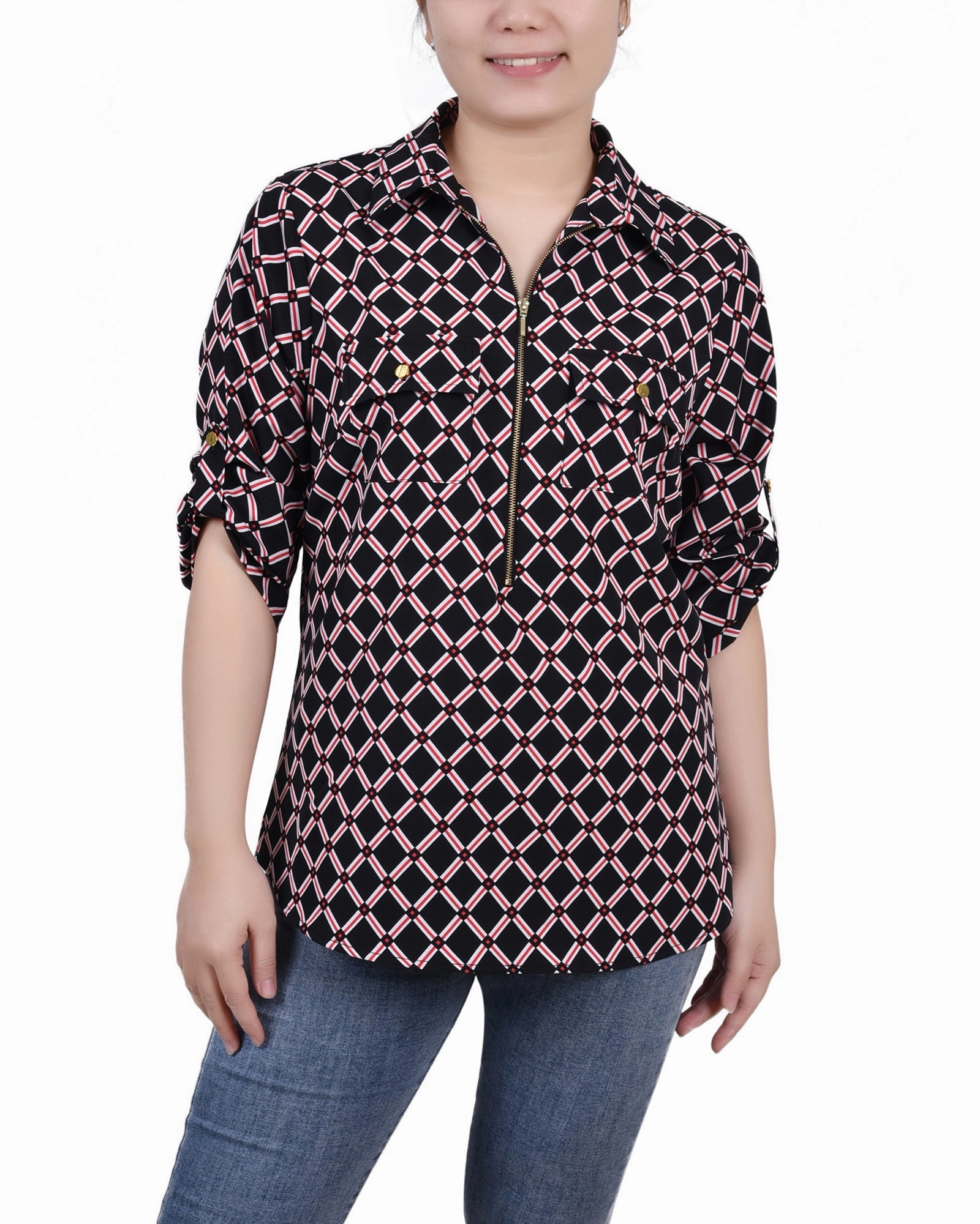 3/4 Roll Tab Sleeve Zip Front Top LayeredCollar VentedBack