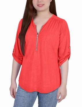 3/4 Roll Tab Zip Front Jacquard Knit Top Low Profile Seaming