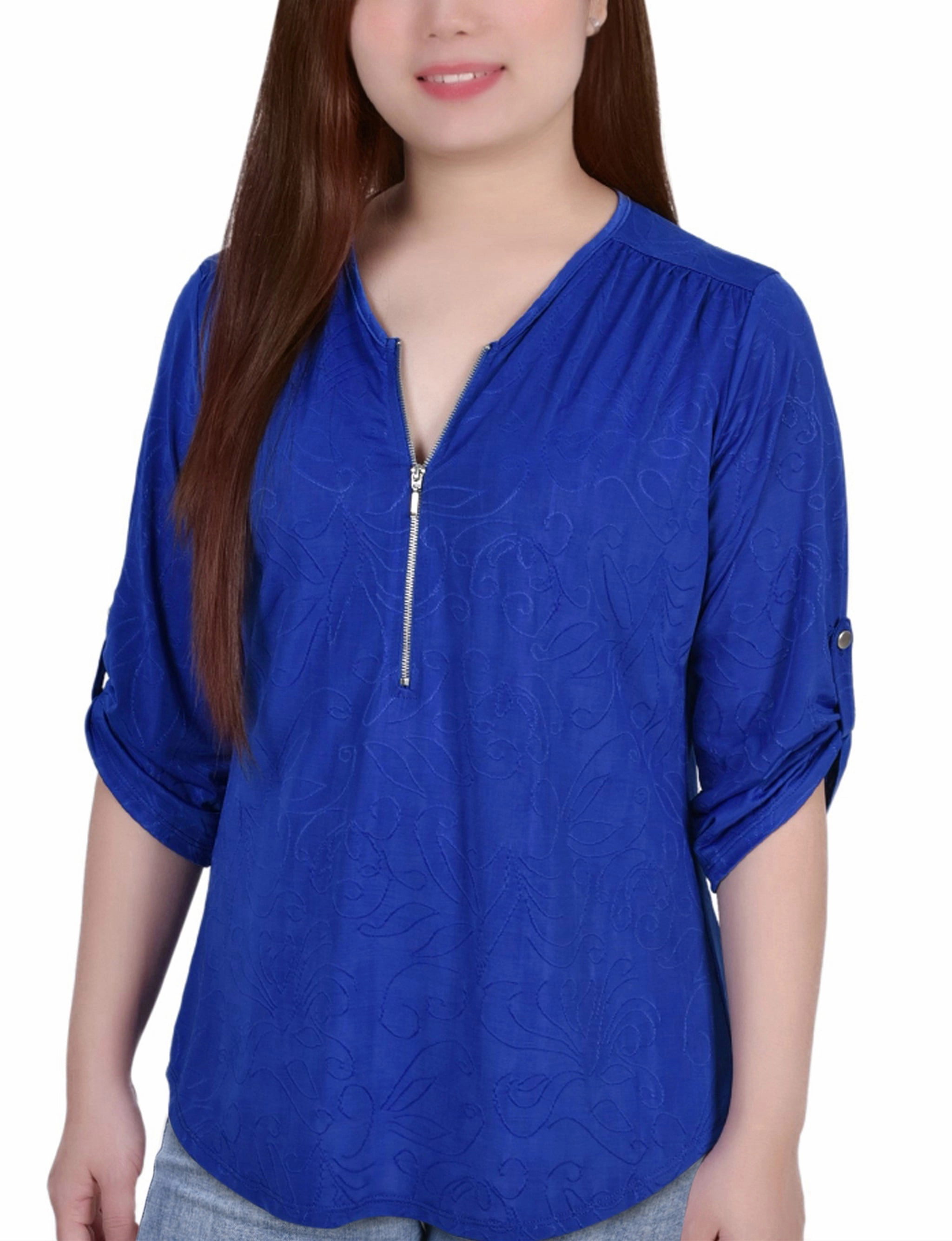 UltraSoft Blend 3/4 Roll Tab Zip Front Jacquard Knit Top