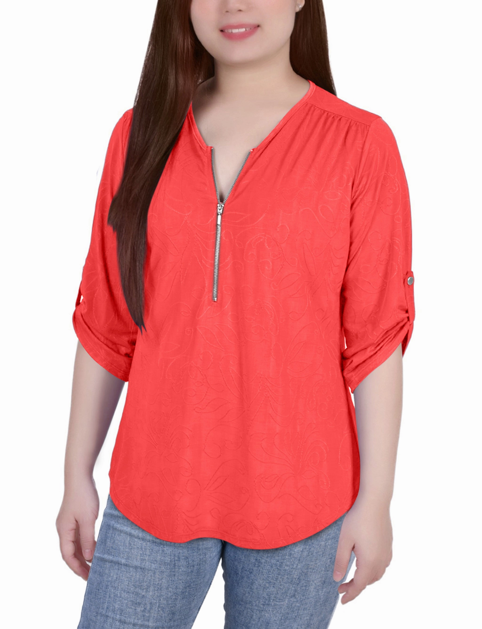 3/4 Roll Tab Zip Front Jacquard Knit Top AllClimateAdaptive