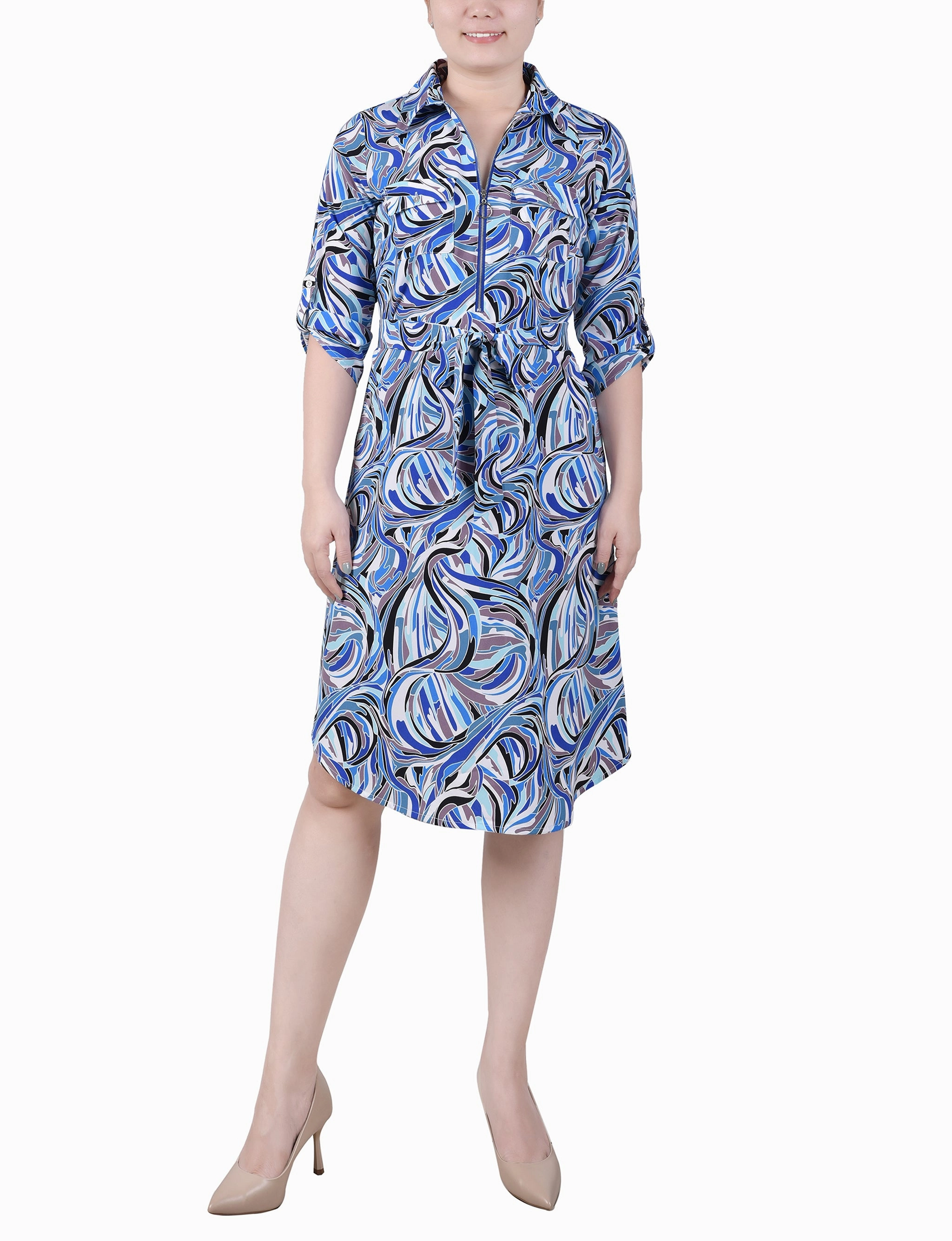 Clean Flow Daytime Look 3/4 Roll Tab Zip Front Shirtdress