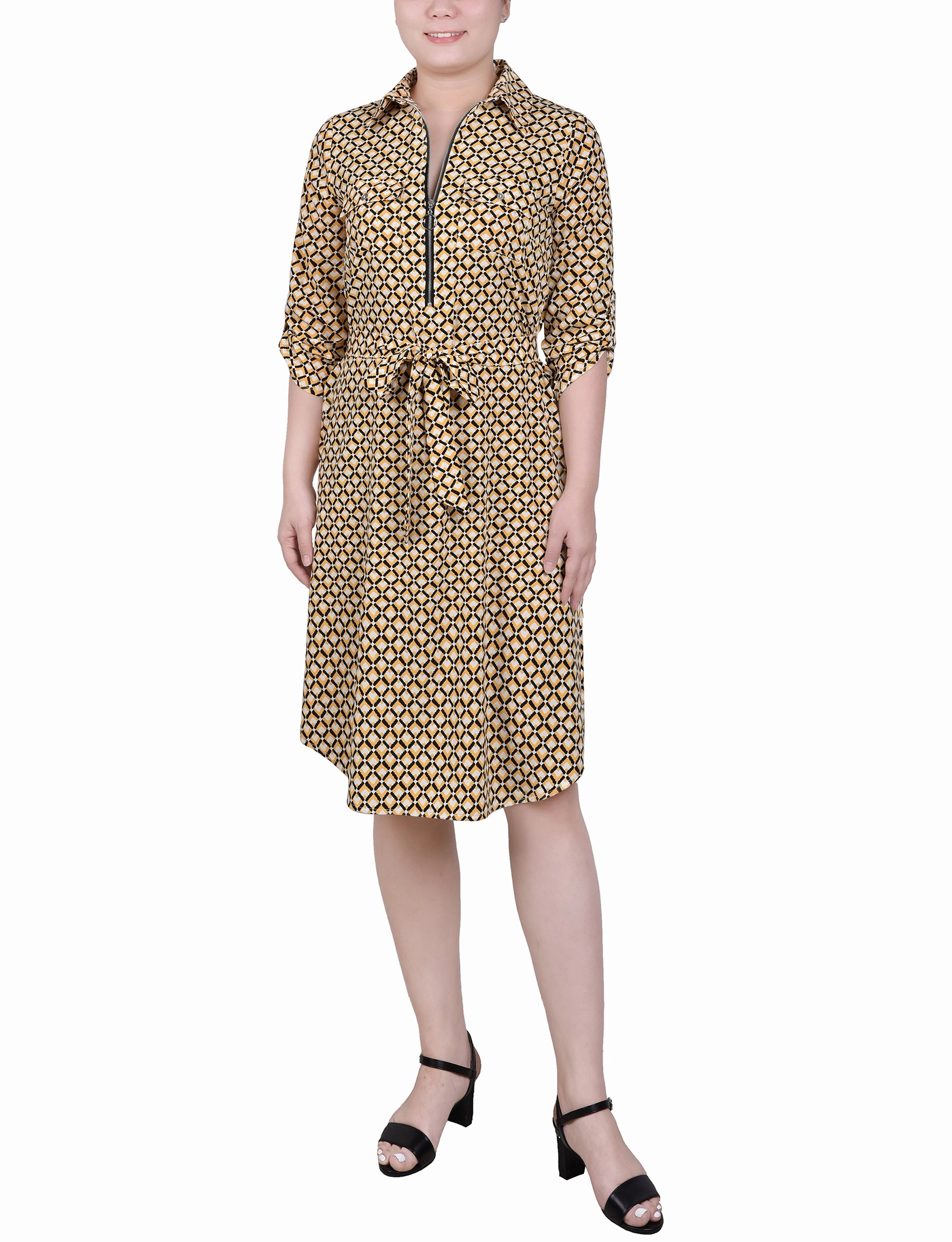 3/4 Roll Tab Zip Front Shirtdress Feminine flowing piece