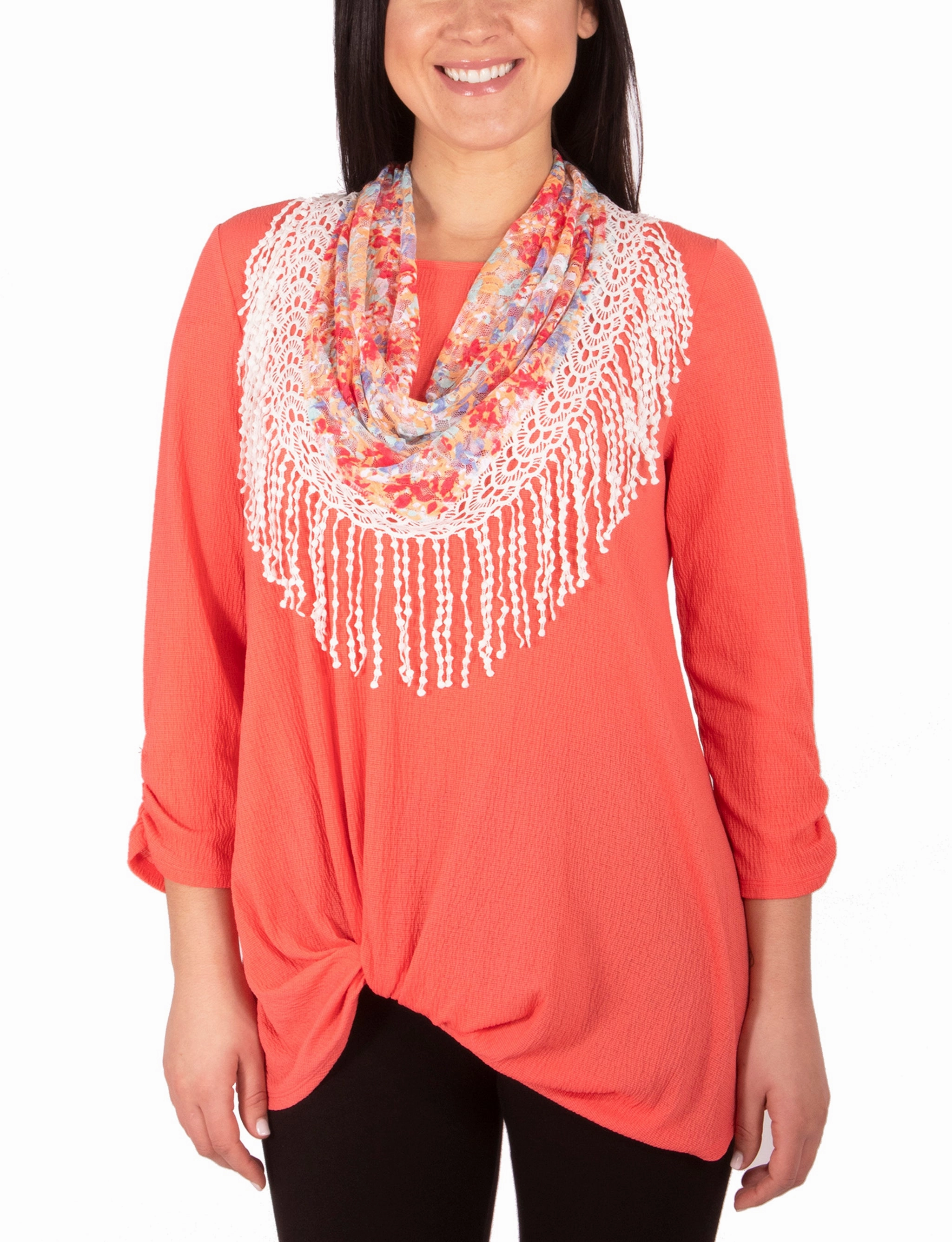 Hidden Pocket Design 3/4 Ruched Sleeve Knot Top With Fringe Tassel Scarf
