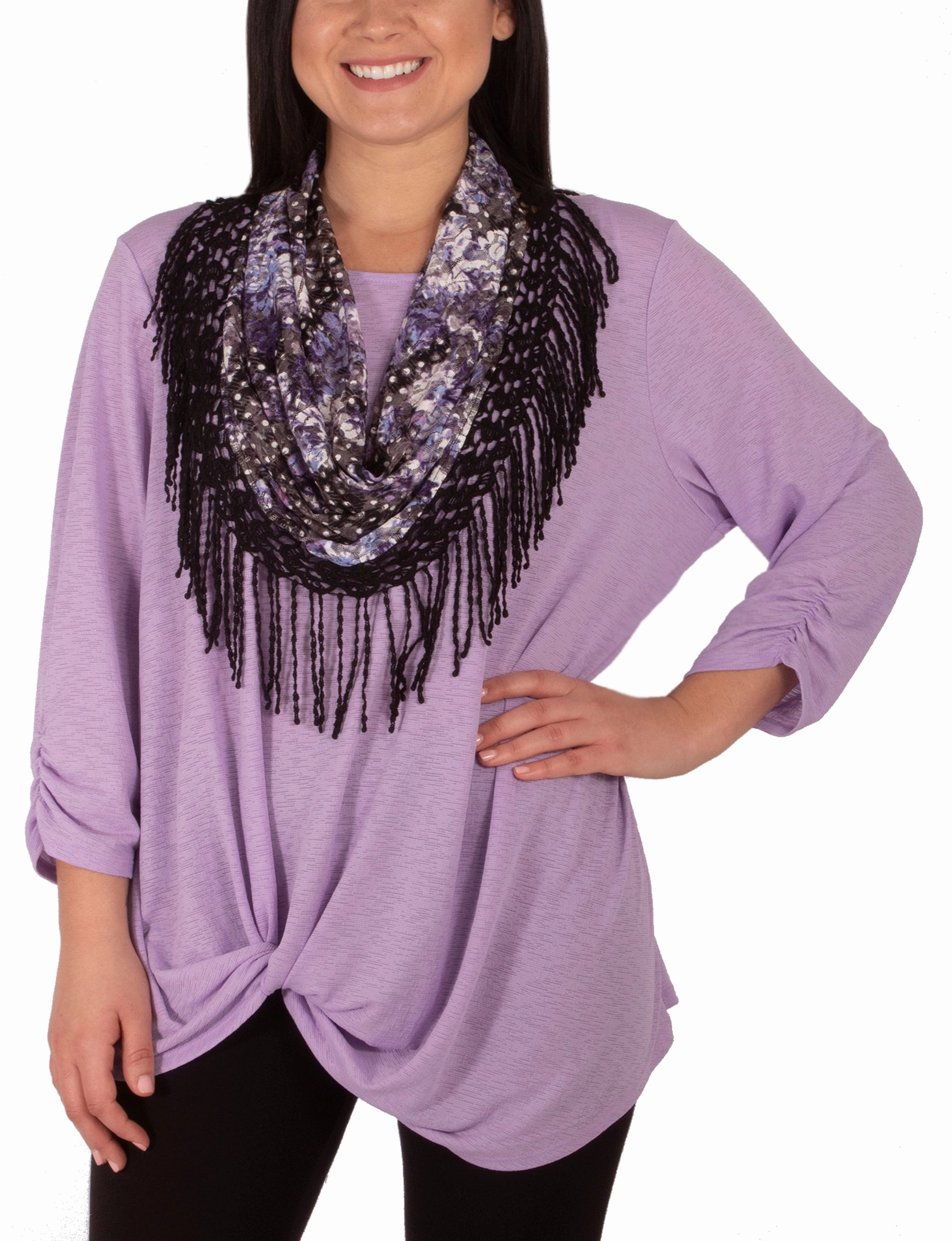 3/4 Ruched Sleeve Knot Top With Fringe Tassel Scarf Breathable Hoodie Curved Hem Design