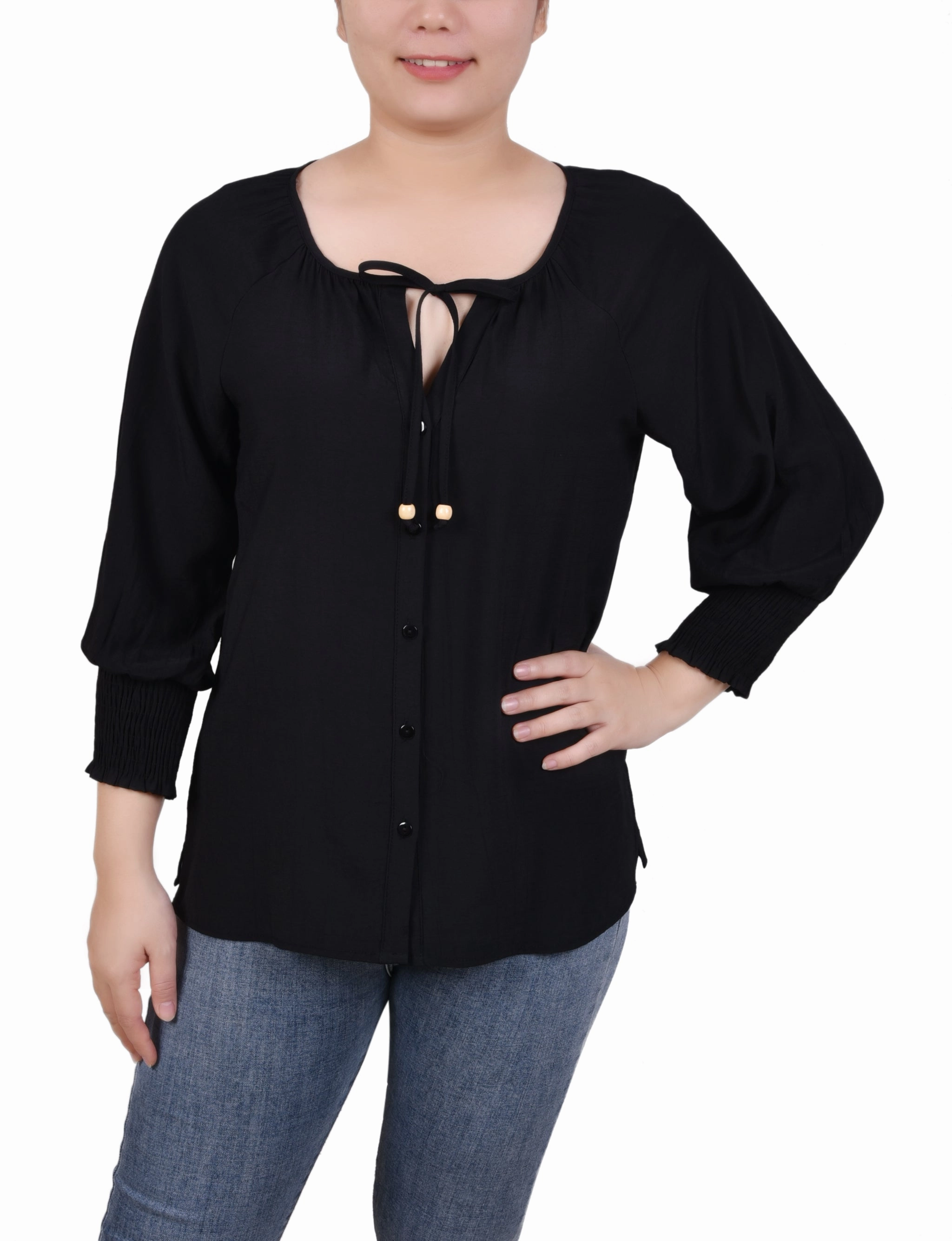 Interlock Weave TaglessDesign 3/4 Sleeve Button Front Blouse