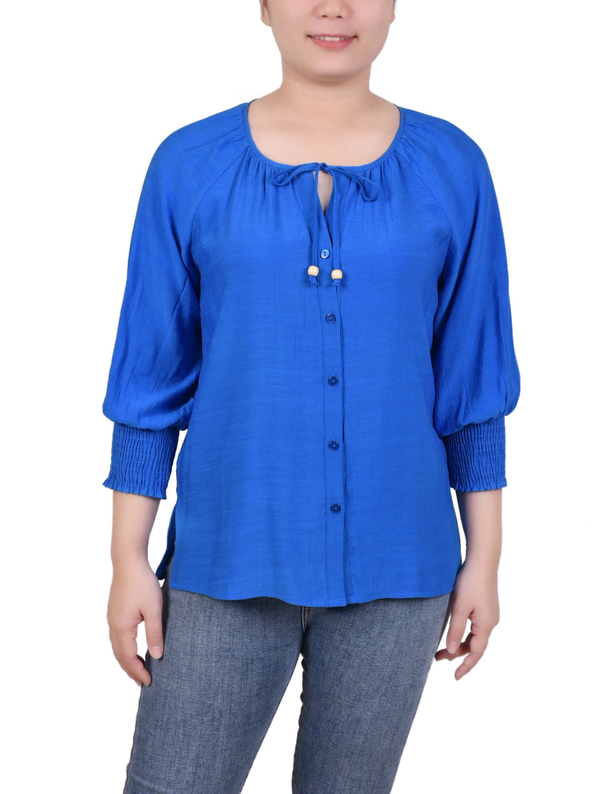 Reinforced Hem Stitching 3/4 Sleeve Button Front Blouse