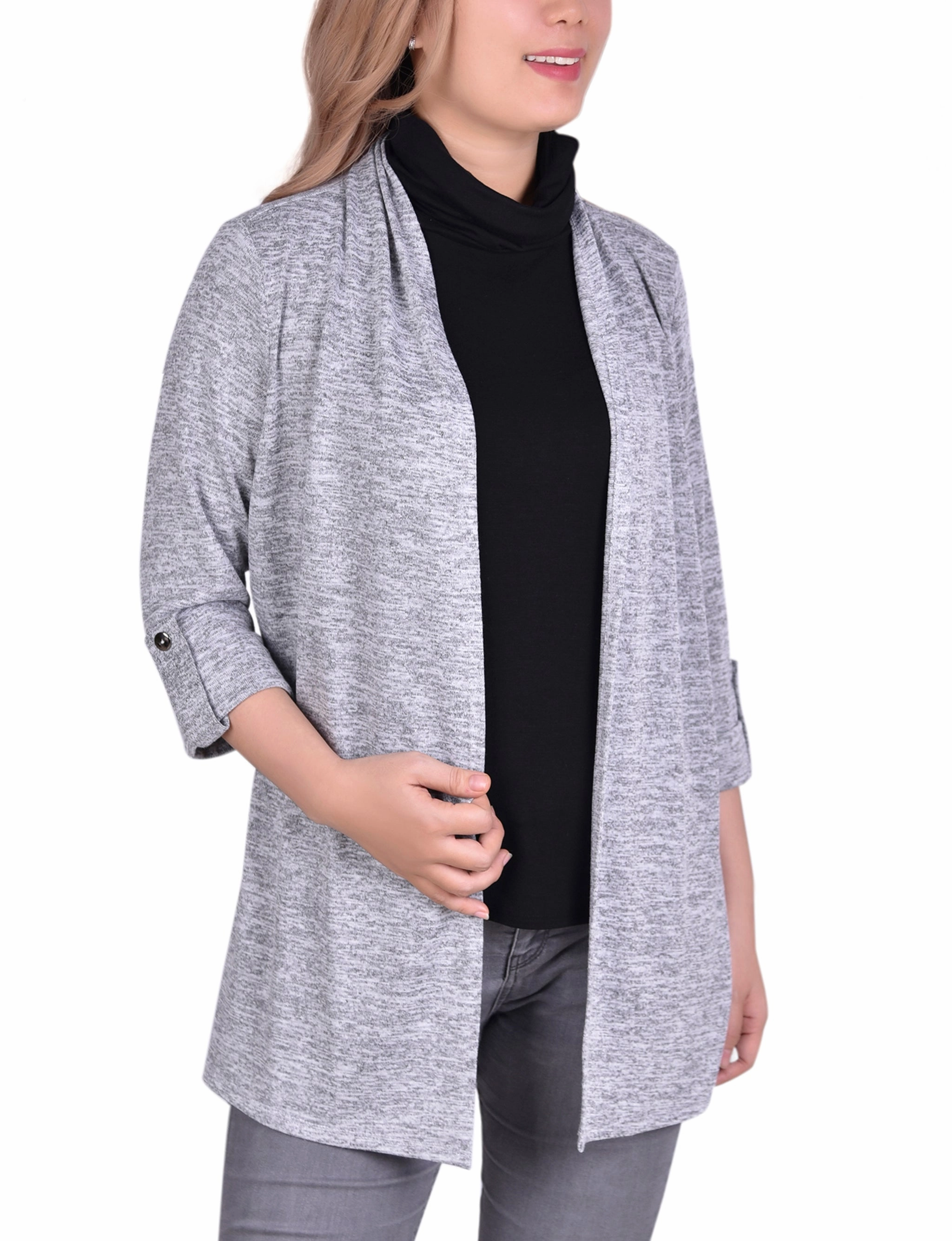 Low Profile Zipper 3/4 Sleeve Cardigan With Mask-Cowl Neck Inset