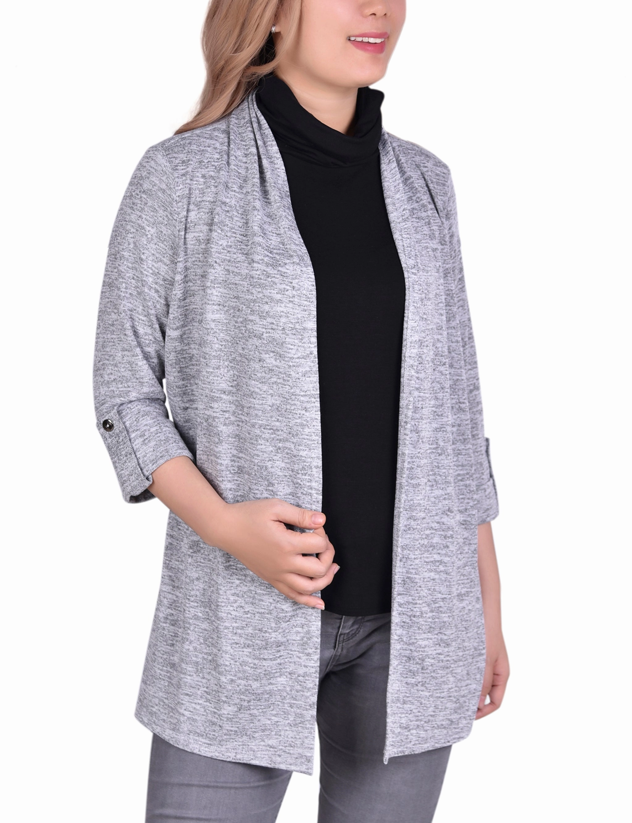 Sandwich Mesh Panel Structure 3/4 Sleeve Cardigan With Mask-Cowl Neck Inset