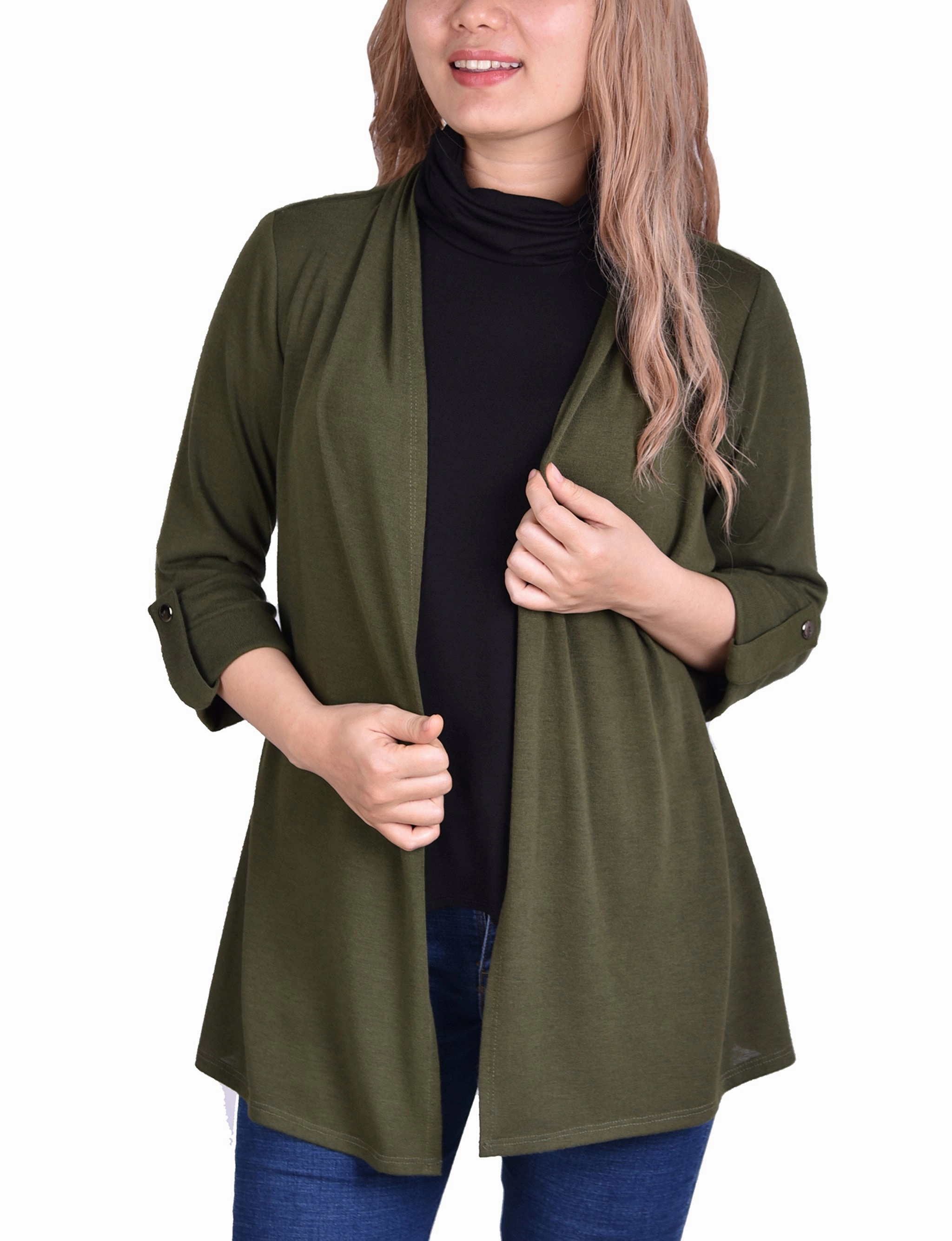 Wide Shoulder Cut 3/4 Sleeve Cardigan With Mask-Cowl Neck Inset