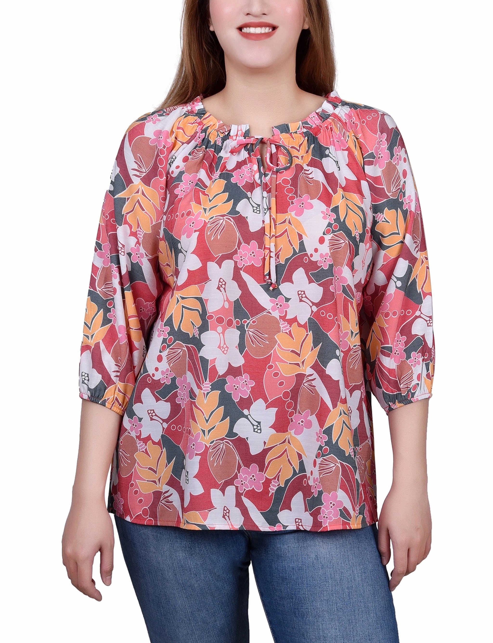 3/4 Sleeve Drawstring Neck Blouse Compression Fit Brushed Inner Layer