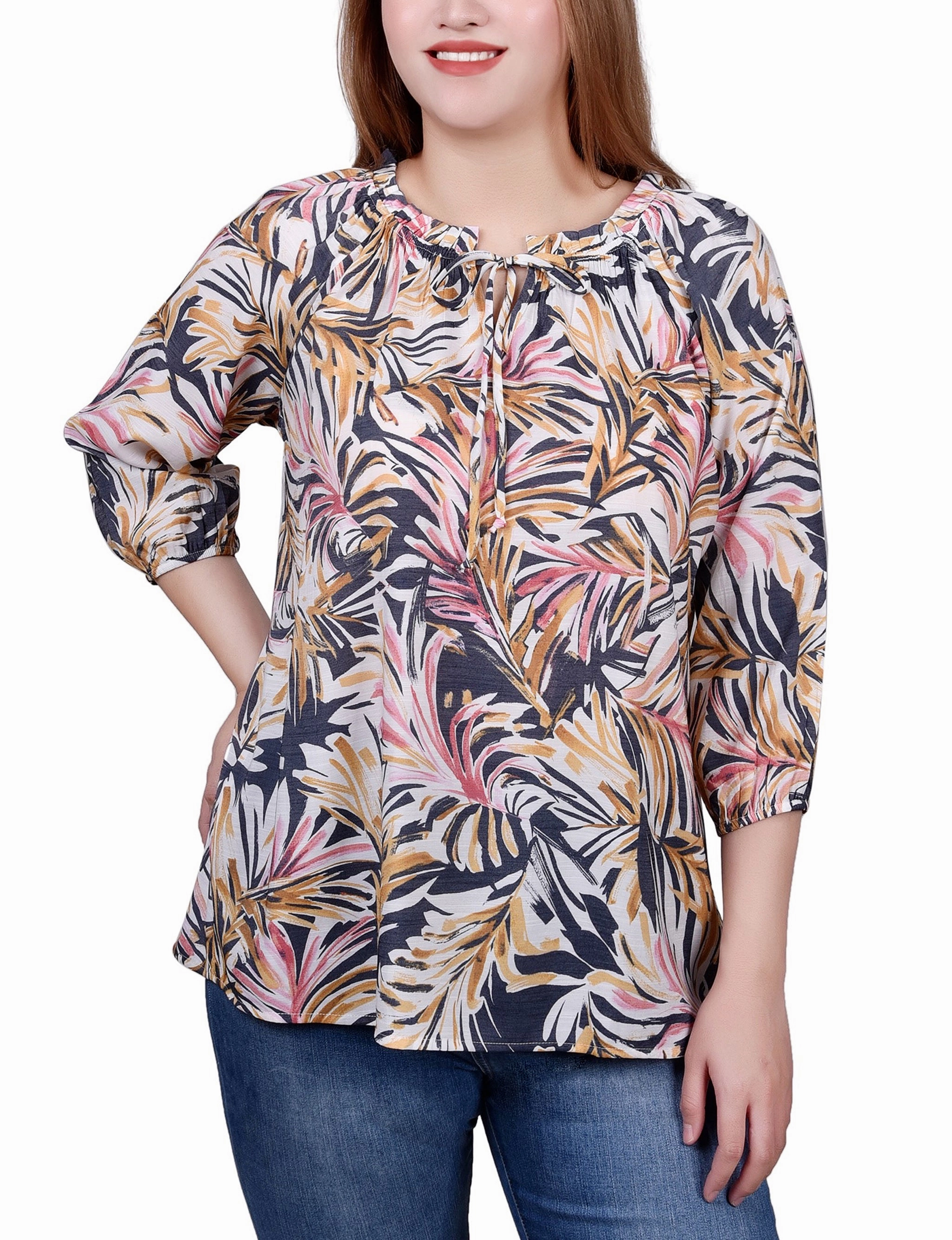 3/4 Sleeve Drawstring Neck Blouse UV Protective Coating