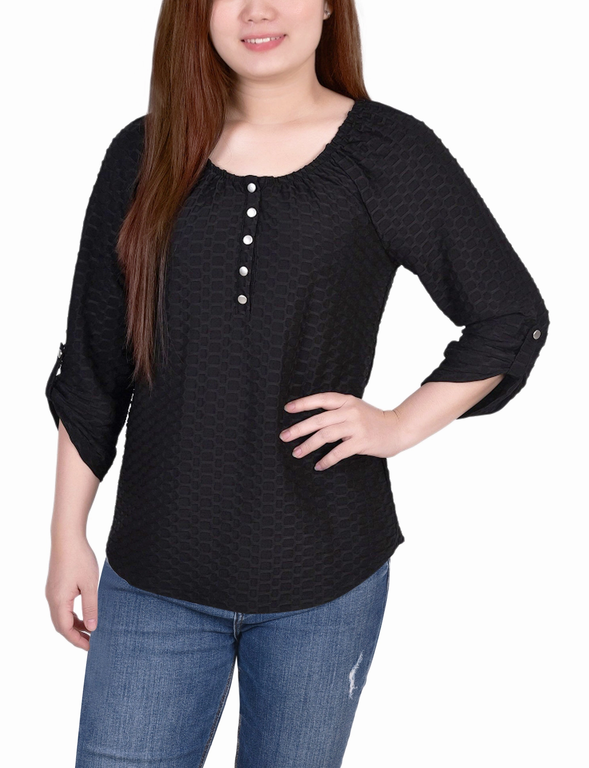 DurableWeave Seamless Knit Design 3/4 Sleeve Honeycomb Henley Top