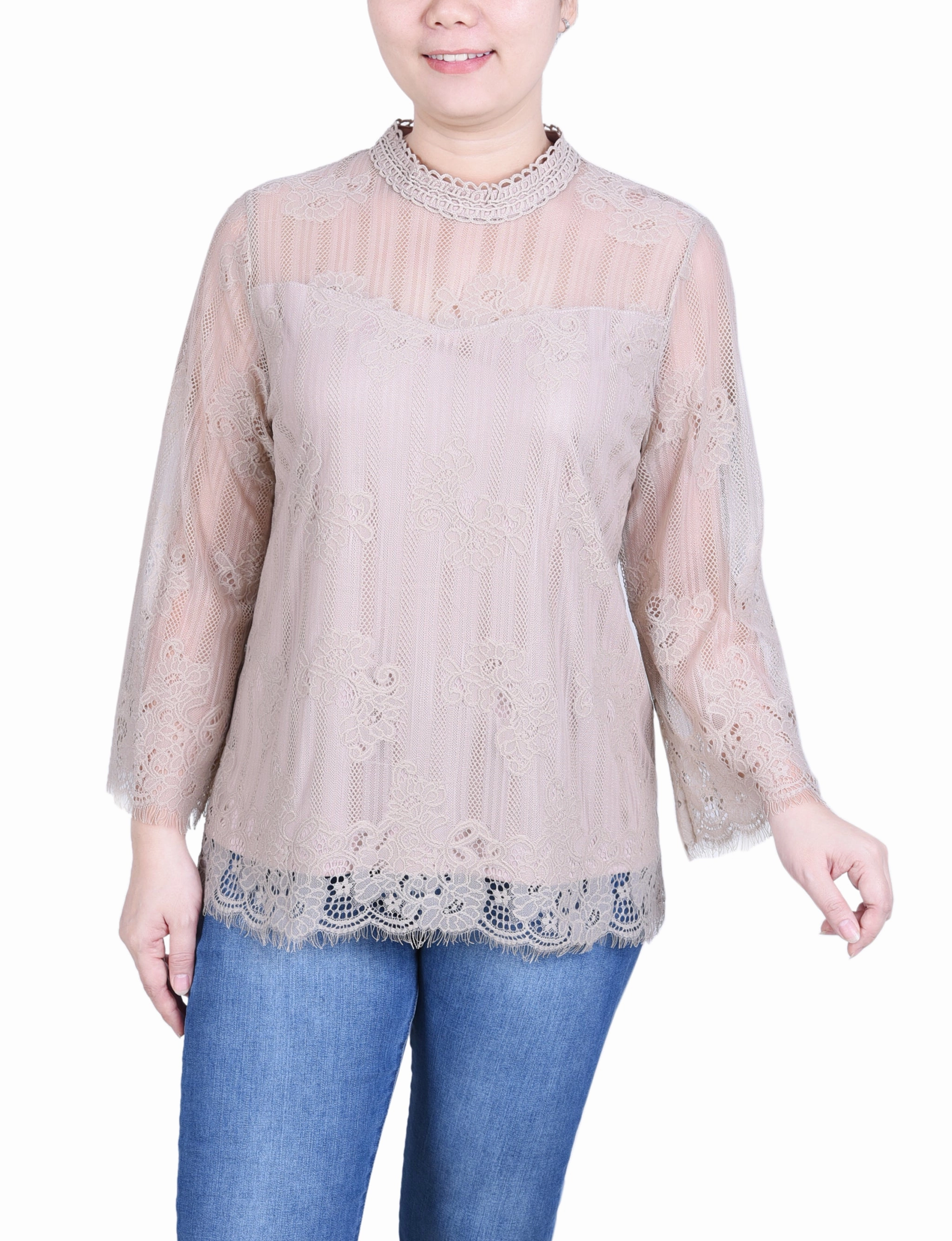 3/4 Sleeve Lace Blouse Double Stitched Hems WrinkleFree Finish