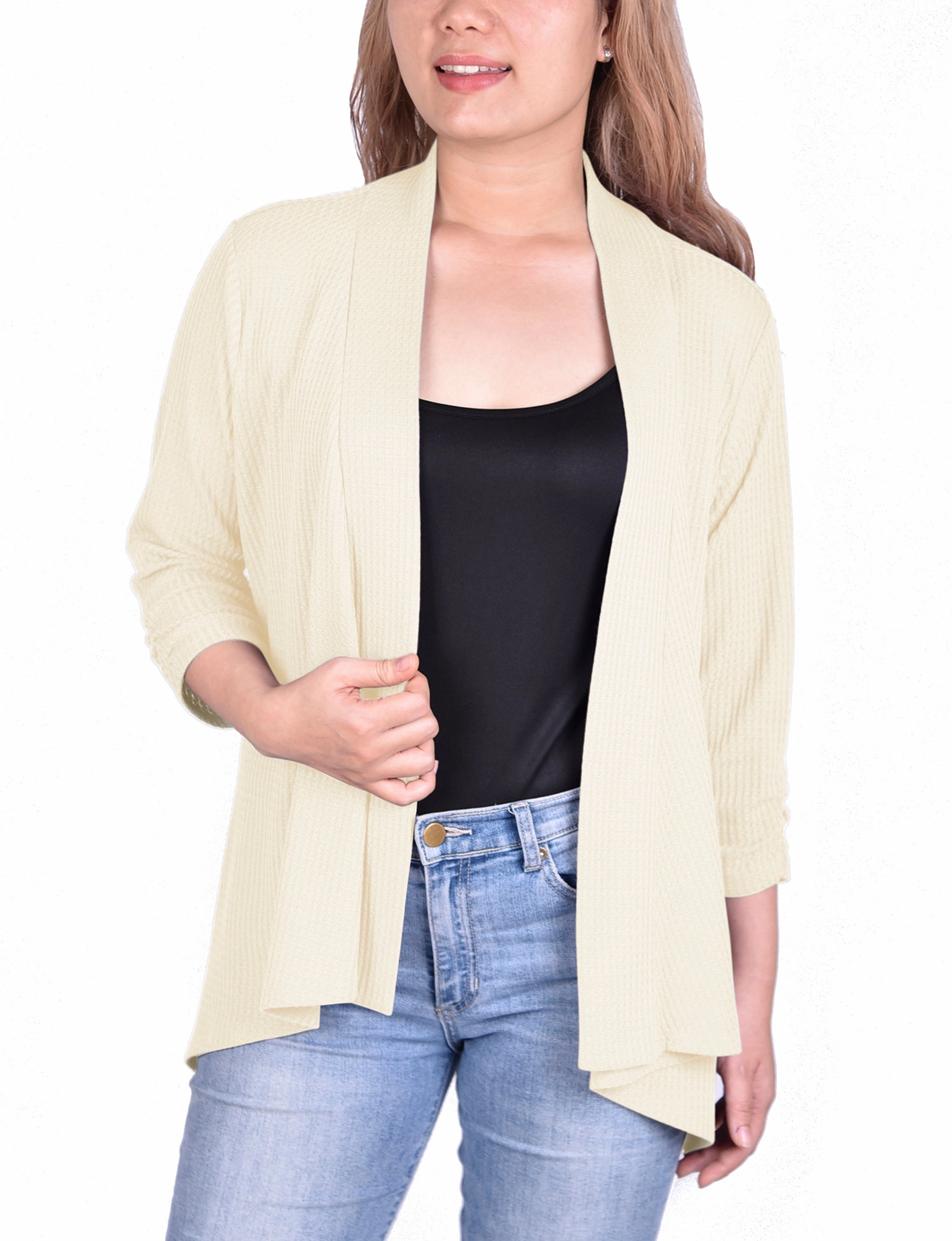 3/4 Sleeve Open Front Waffle Weave Cardigan AntiPillingFinish AntiBacterial Coating