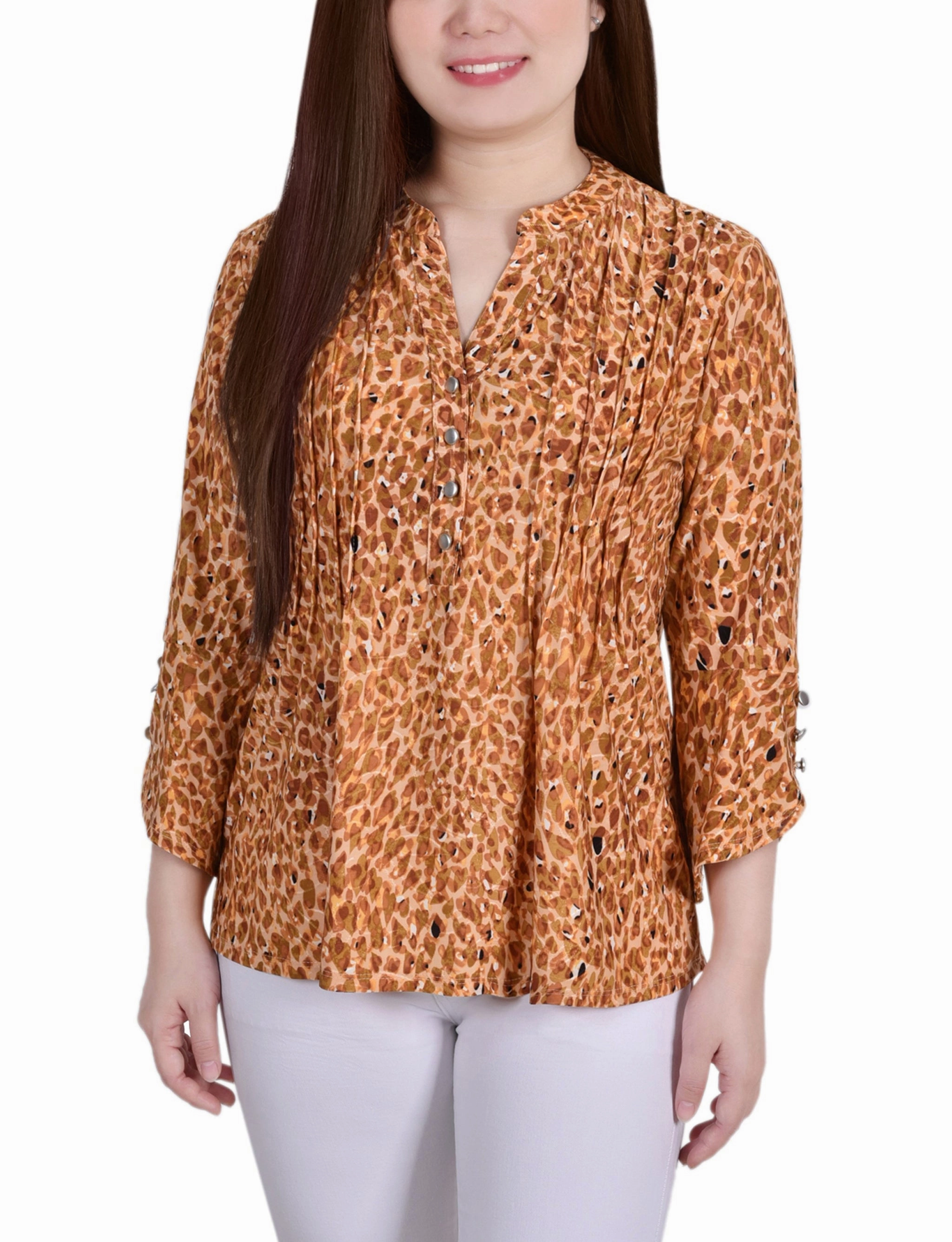 3/4 Sleeve Overlapped Bell Sleeve Y Neck Top QuickRelease DroppedShoulder