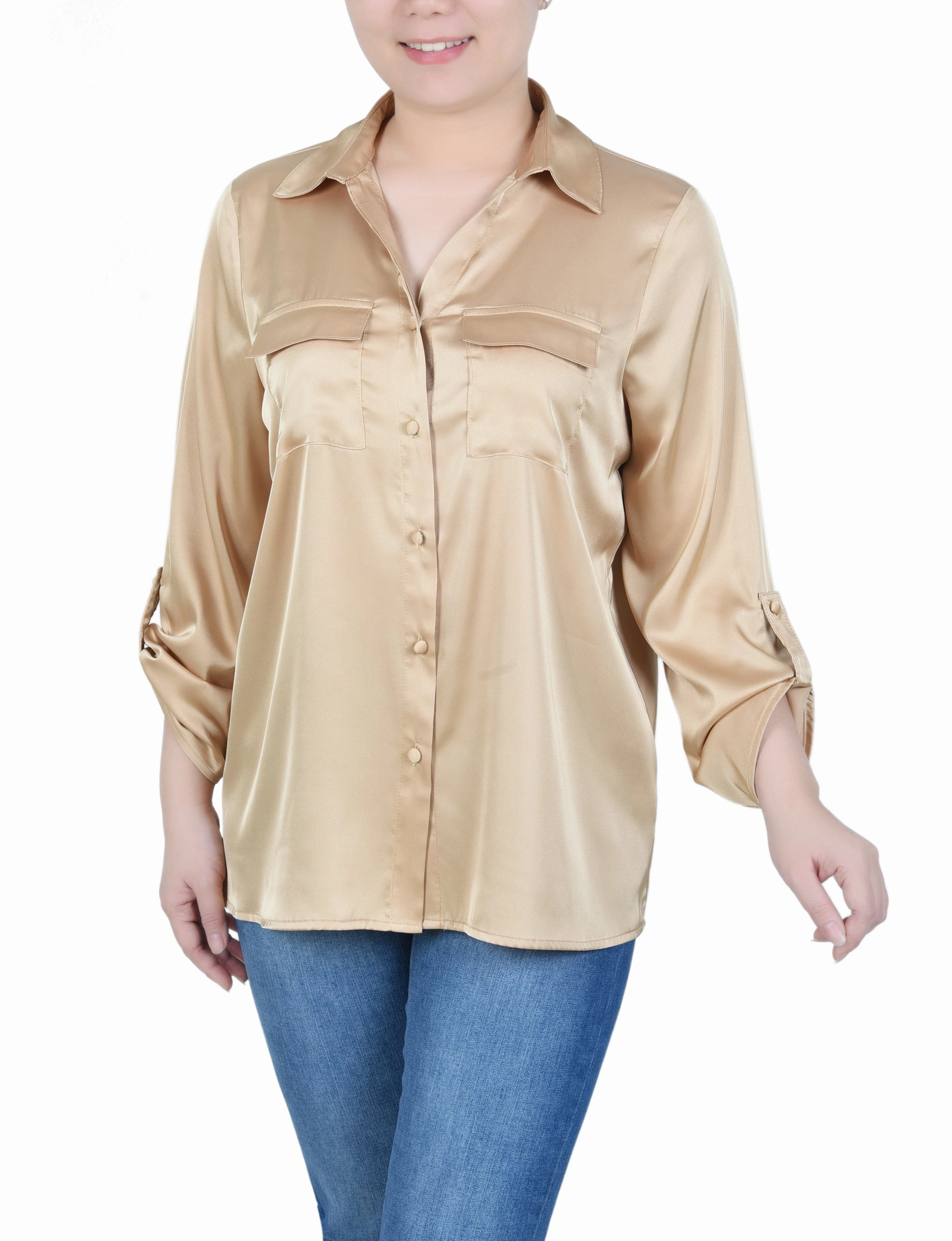 V-neck Shirt Anti Pilling 3/4 Sleeve Roll Tab Satin Blouse