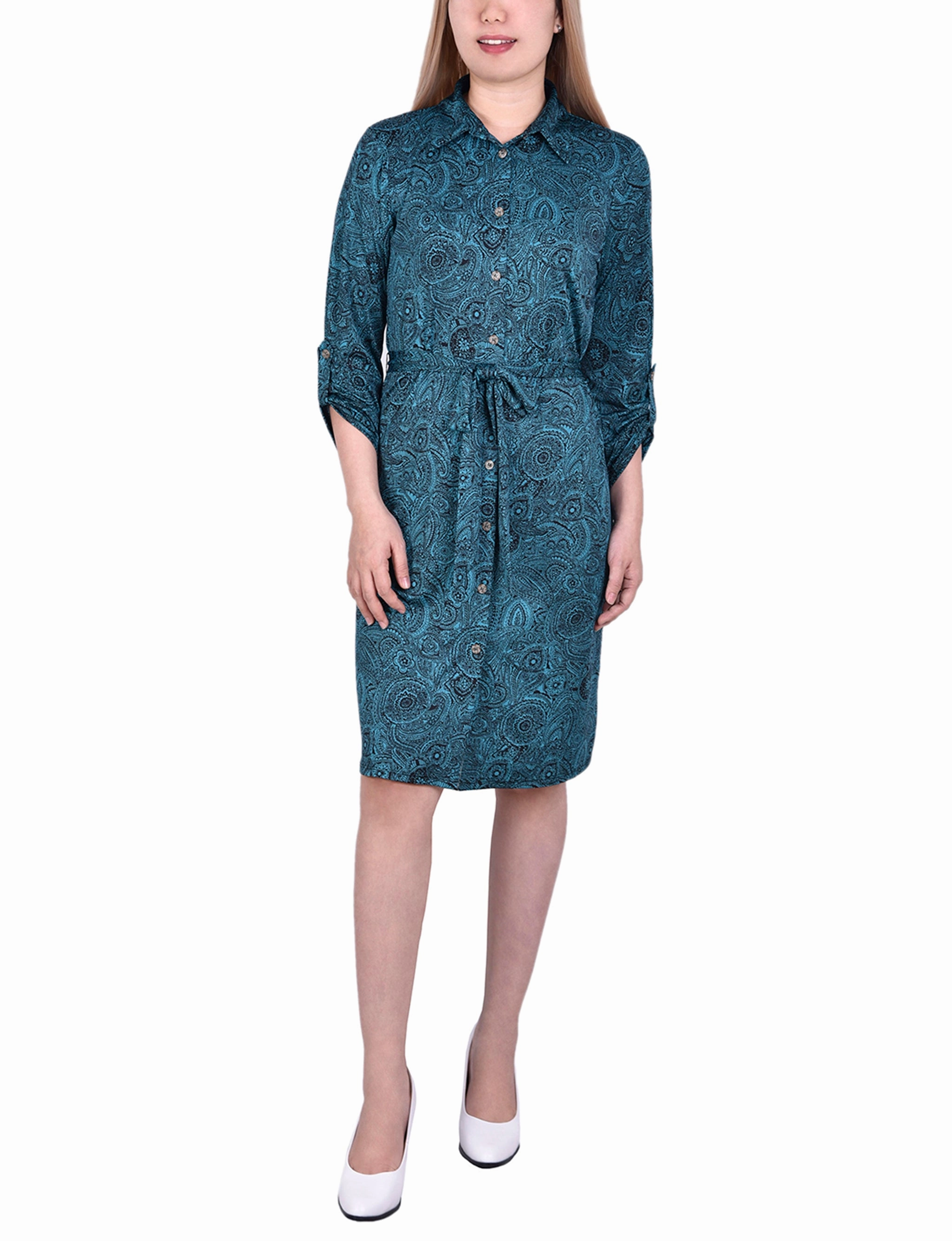 Holiday Wear 3/4 Sleeve Roll Tab Shirtdress