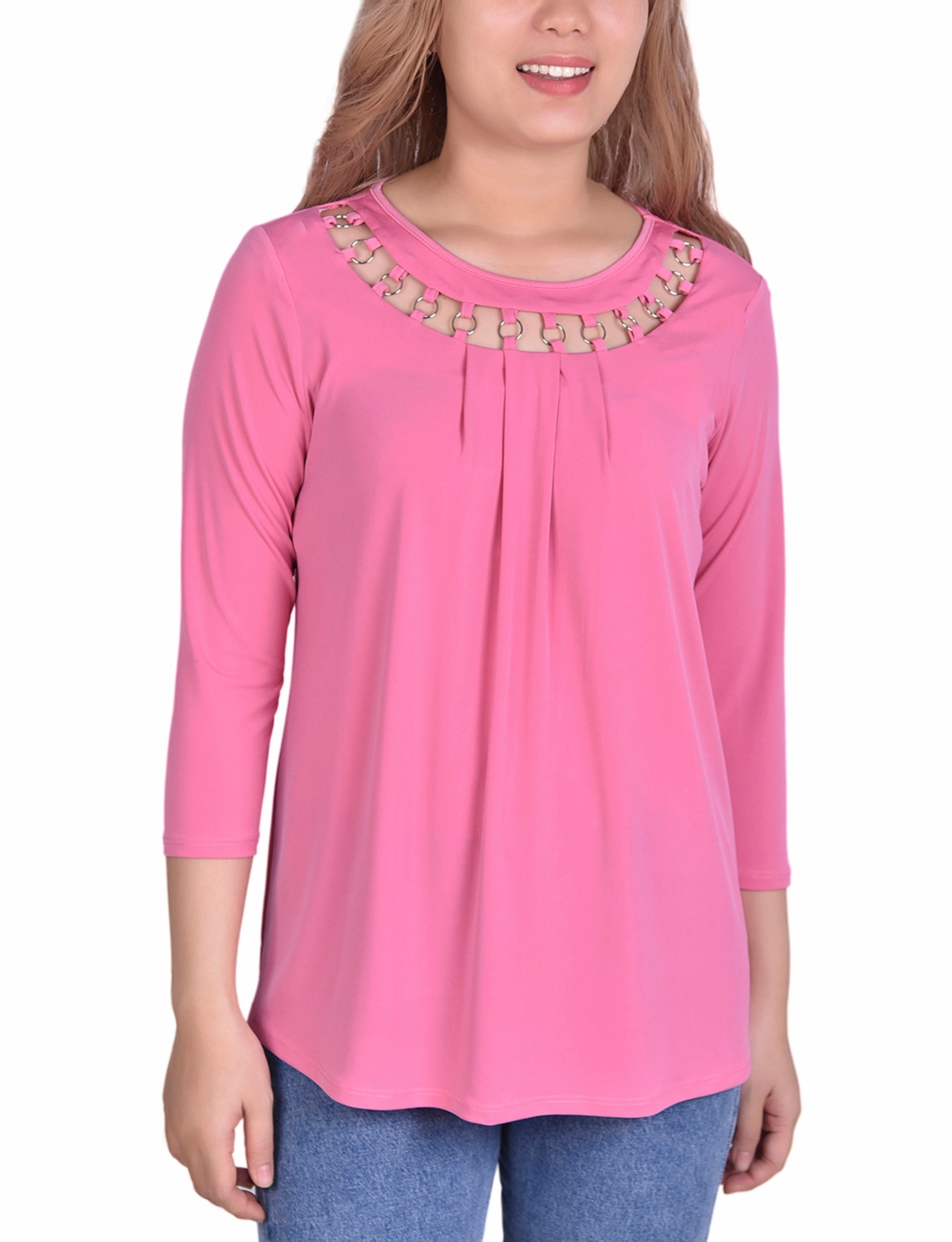 UltraSoft Lining 3/4 Sleeve Top With Cutout Ringed Neckline