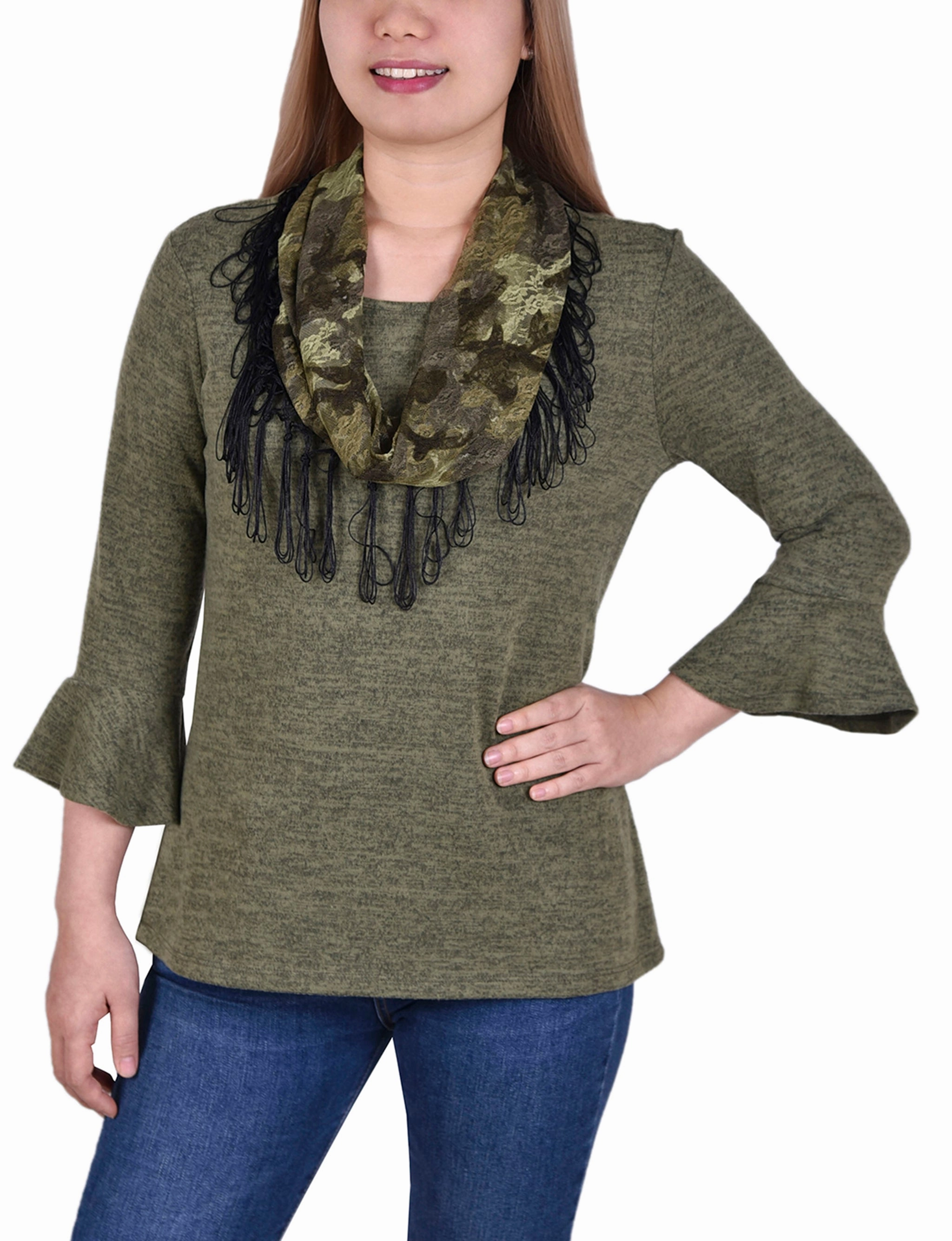 3/4 Sleeve Top With Detachable Fringed Scarf Breathable Hoodie Sun Protective Fabric