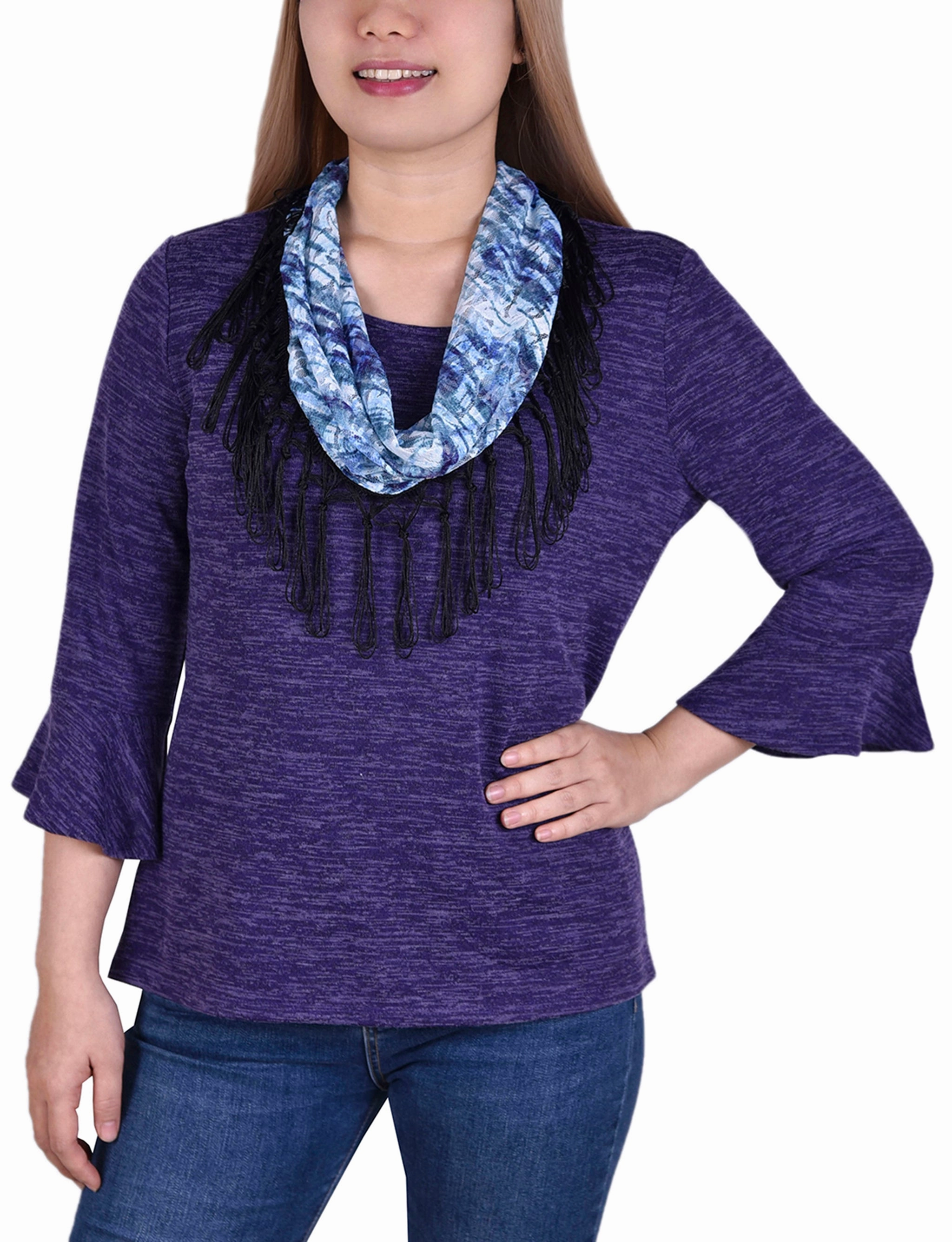 DoubleStitched Construction Cozy Cardigan 3/4 Sleeve Top With Detachable Fringed Scarf