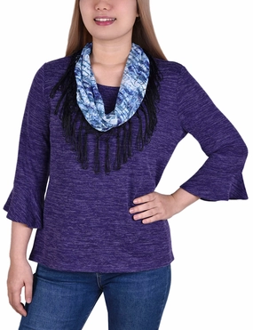 Eco Conscious Dye Process Cool Weather 3/4 Sleeve Top With Detachable Fringed Scarf