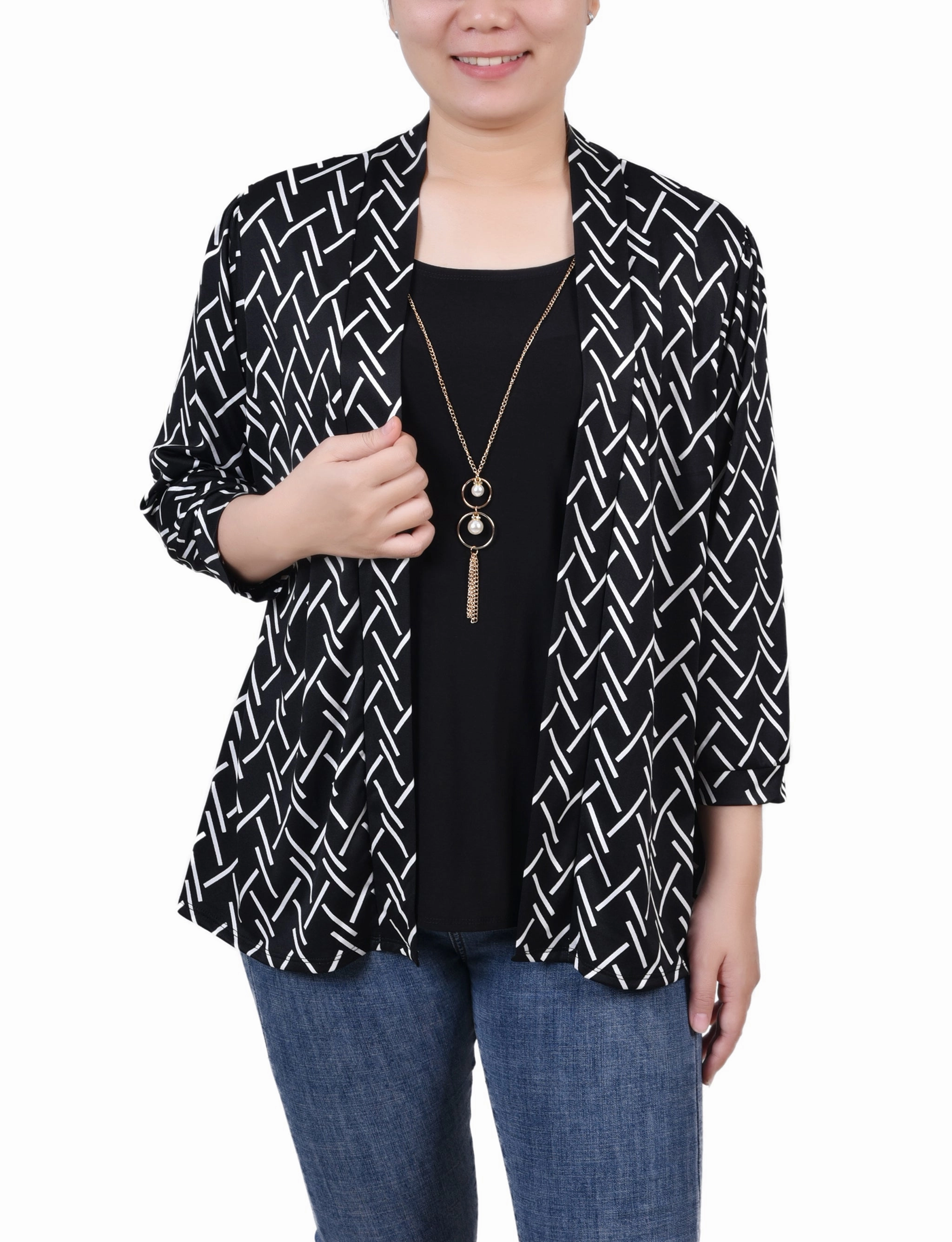 Bamboo Derived Material FourWay Stretch Fabric 3/4 Sleeve Two-Fer Top