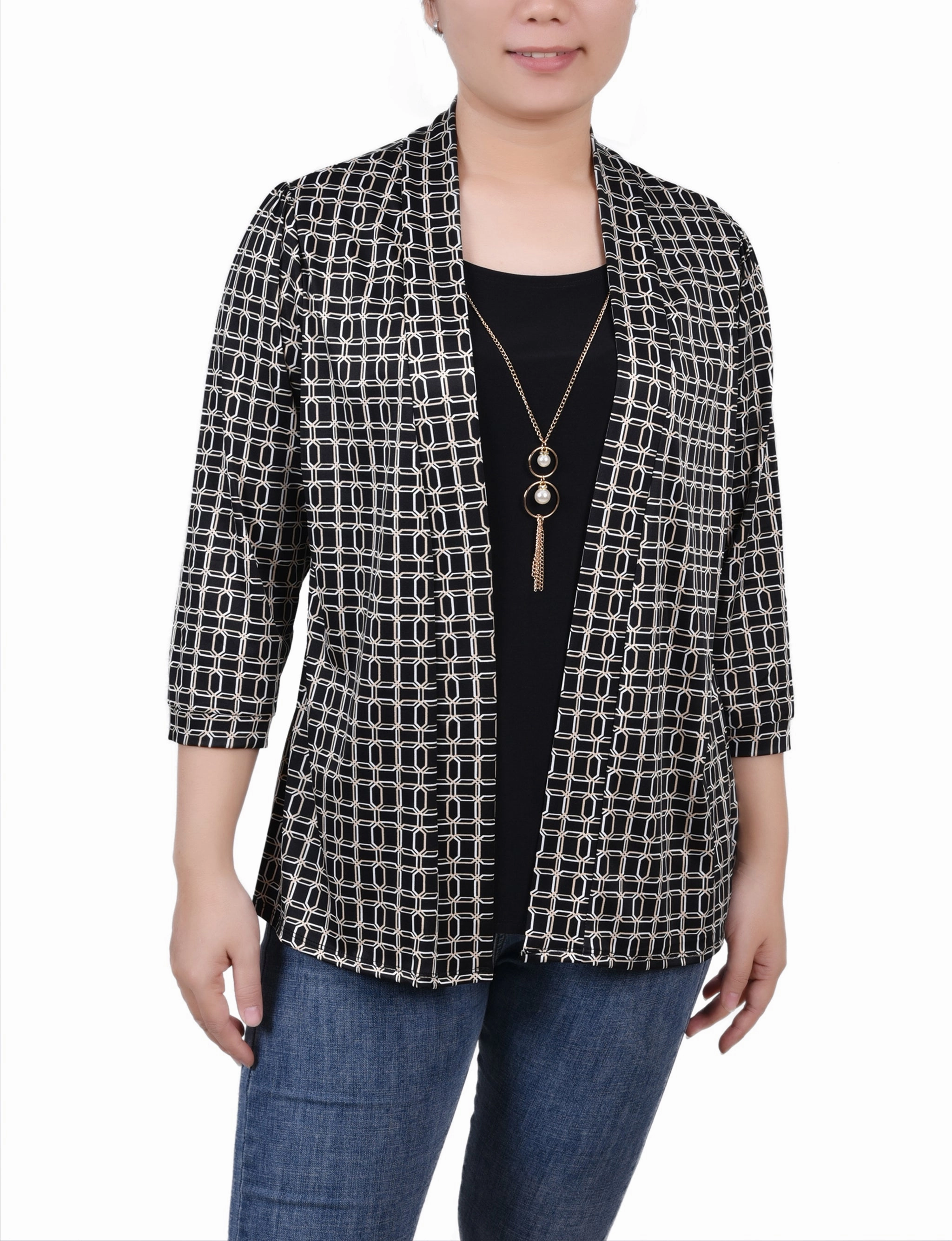 Knit Fabric Technology Tapered Side Panels 3/4 Sleeve Two-Fer Top