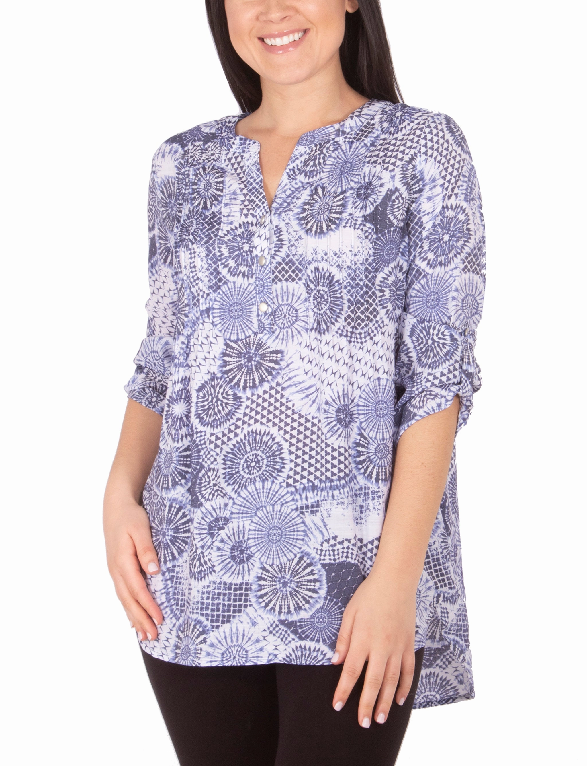 3/4 Sleeve Y Neck Blouse DoubleStitchedSeams Elegant Cut