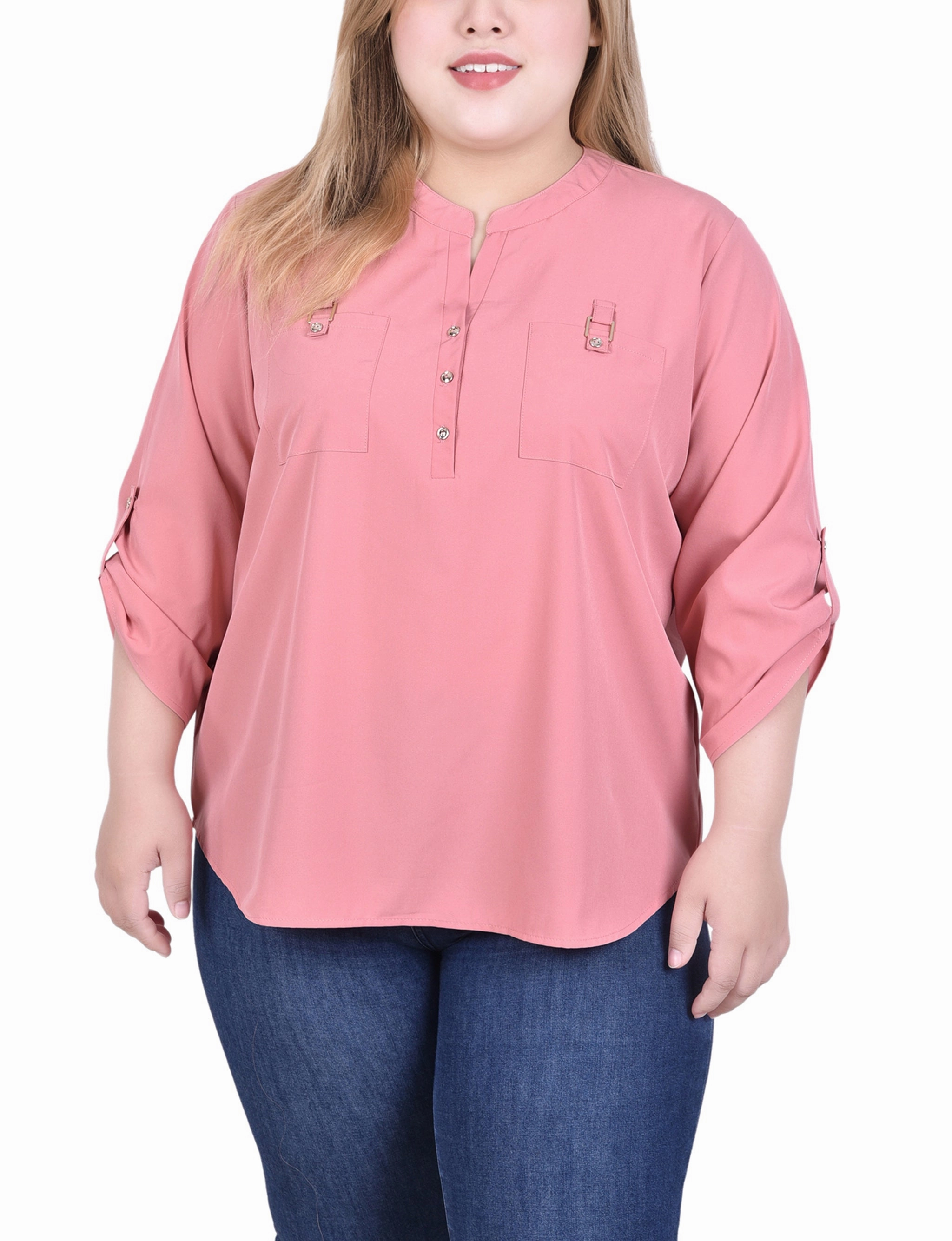 3/4 Tabbed Sleeve Y Neck Blouse HiddenVentilationPockets Oversized Silhouette