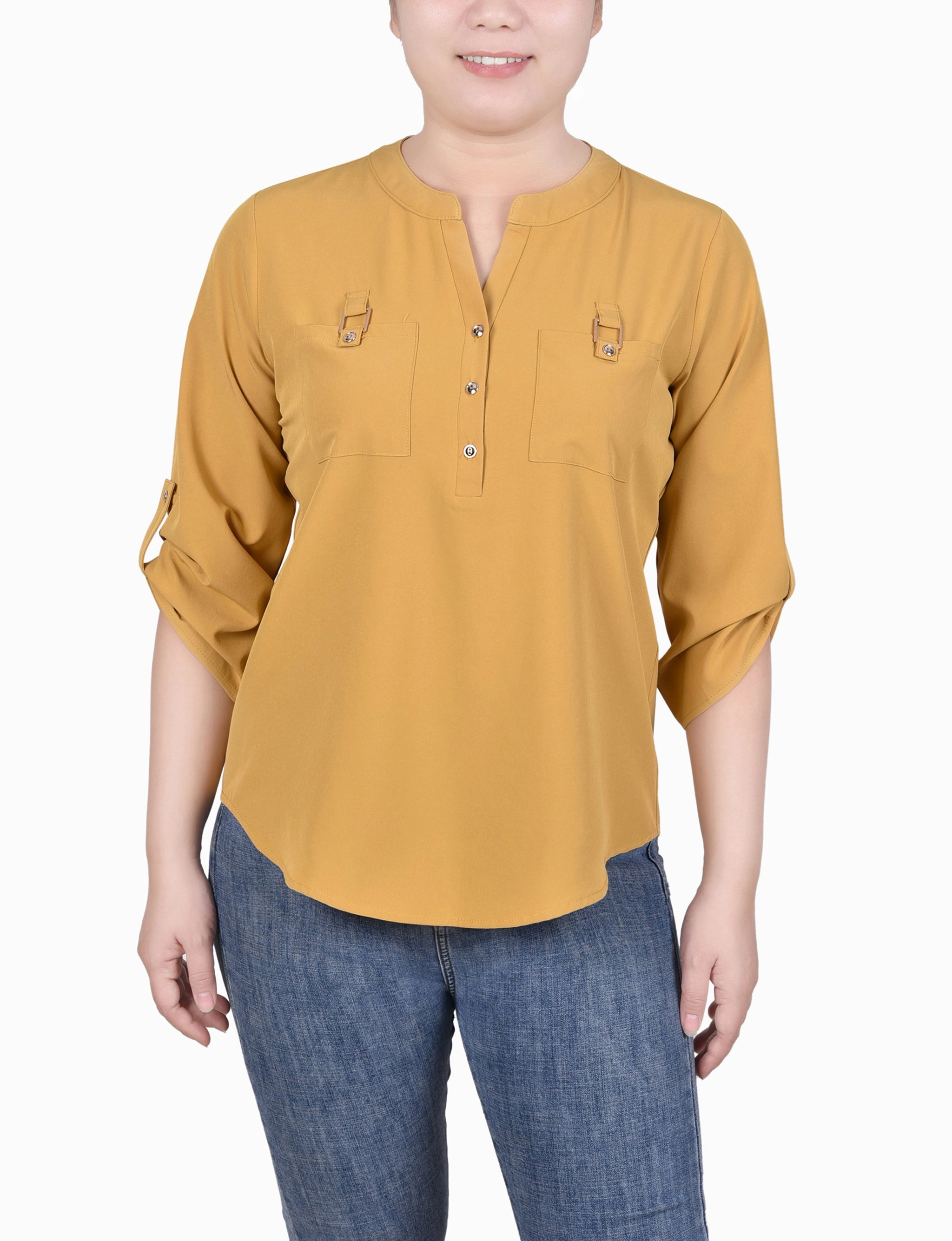 Recycled Fiber Blend StainResistantFinish 3/4 Tabbed Sleeve Y Neck Blouse