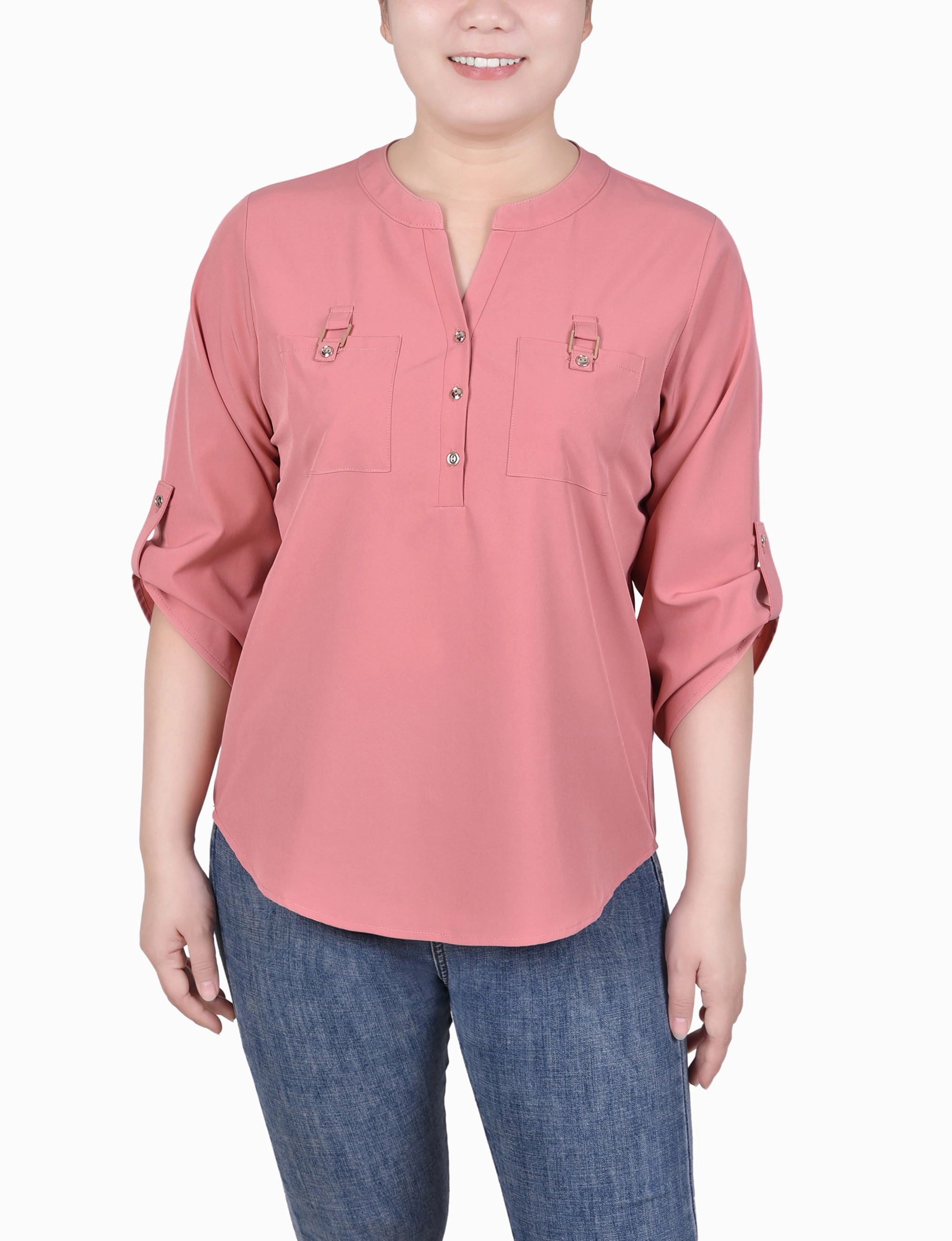 Soft Brushed Finish 3/4 Tabbed Sleeve Y Neck Blouse