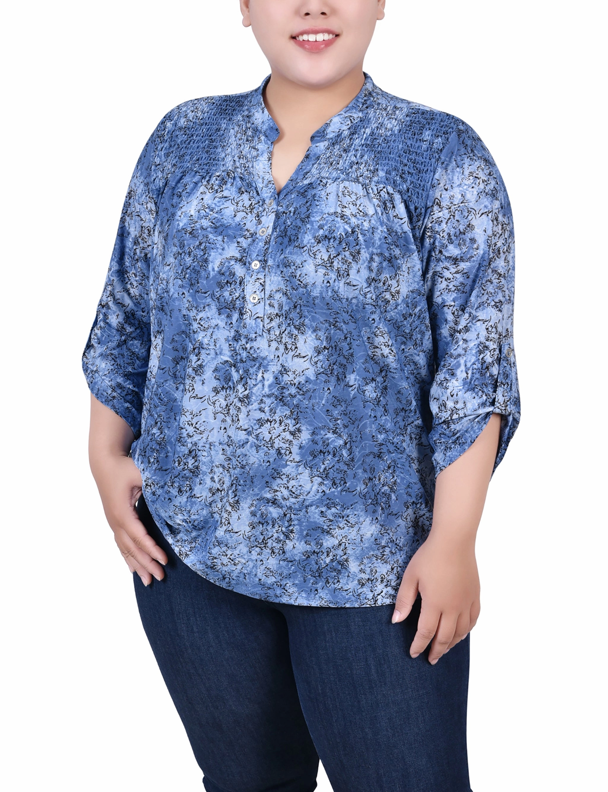 Plus Size 3/4 Roll Tab Sleeve Smocked-Yoke Top Stylish Outfit Flatlock Seam Technique